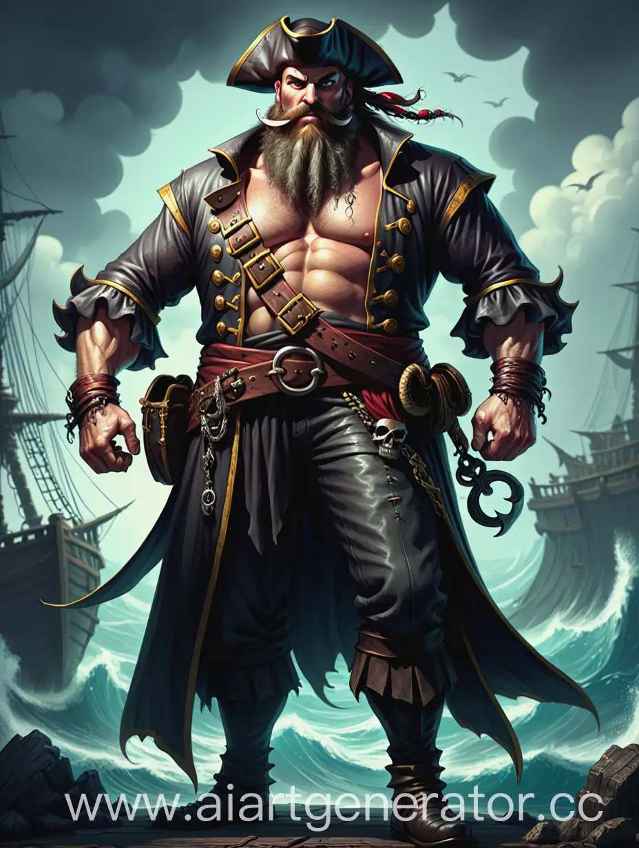 A pirate with a beard, art, big and strong, full height, Illustrations in the style of fantasy mythology,
