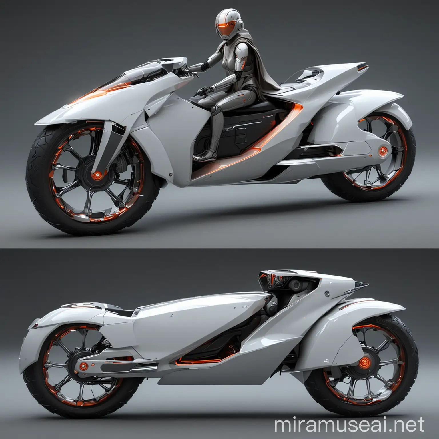 A futuristic, Jedi-style, human-powered two-wheeled vehicle, with sleek and minimalist design, glowing accents, and ergonomic seating
