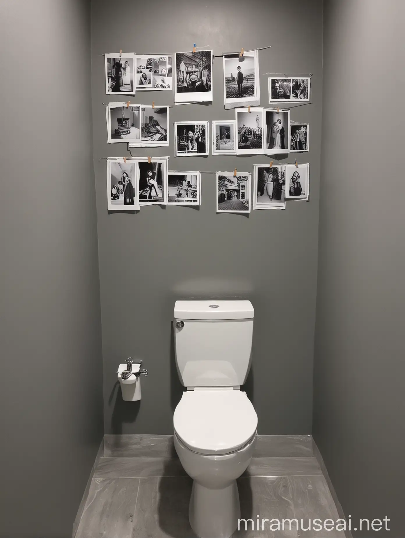 a toilet with grey walls and photos on the walls