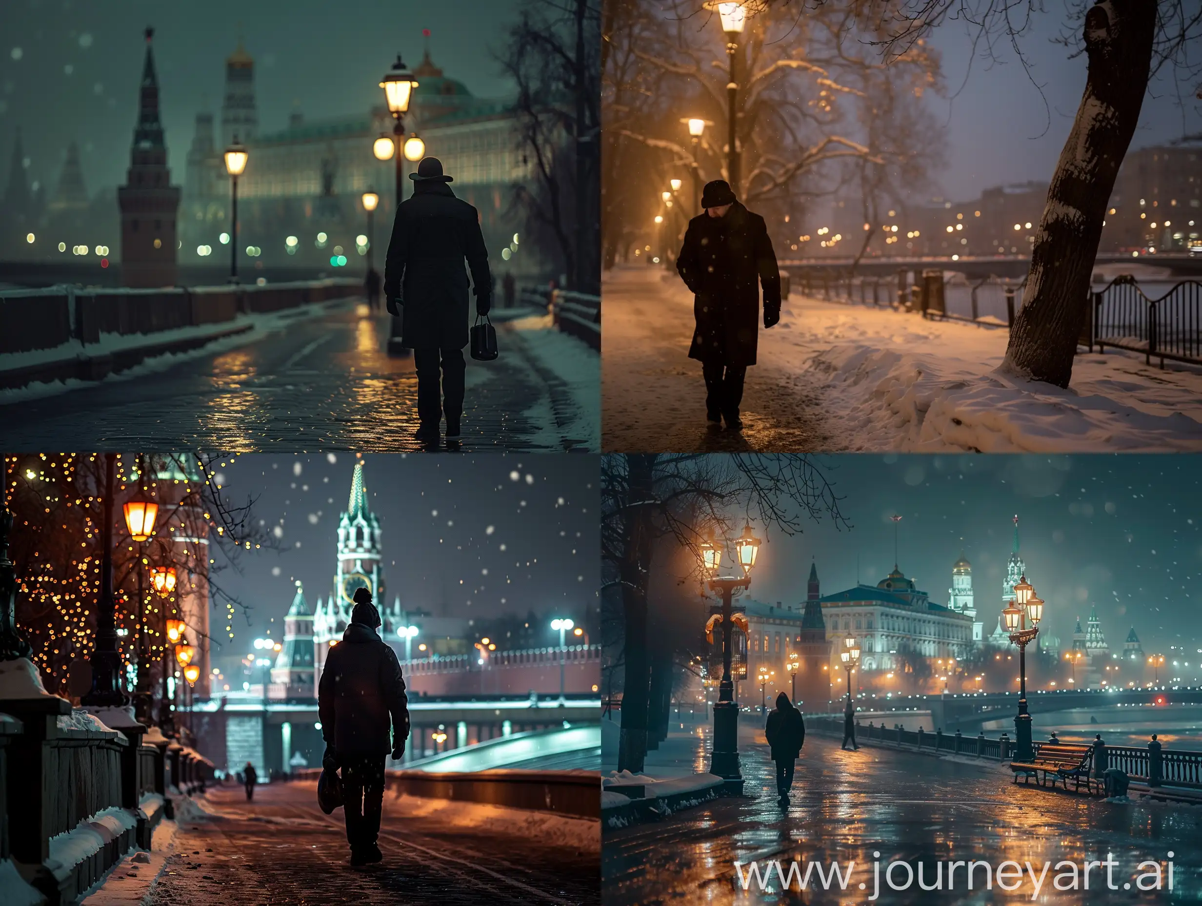 Pedro Sanchez takes a walk in Moscow, in late winter, at night, cinematic lighting, a pro photo