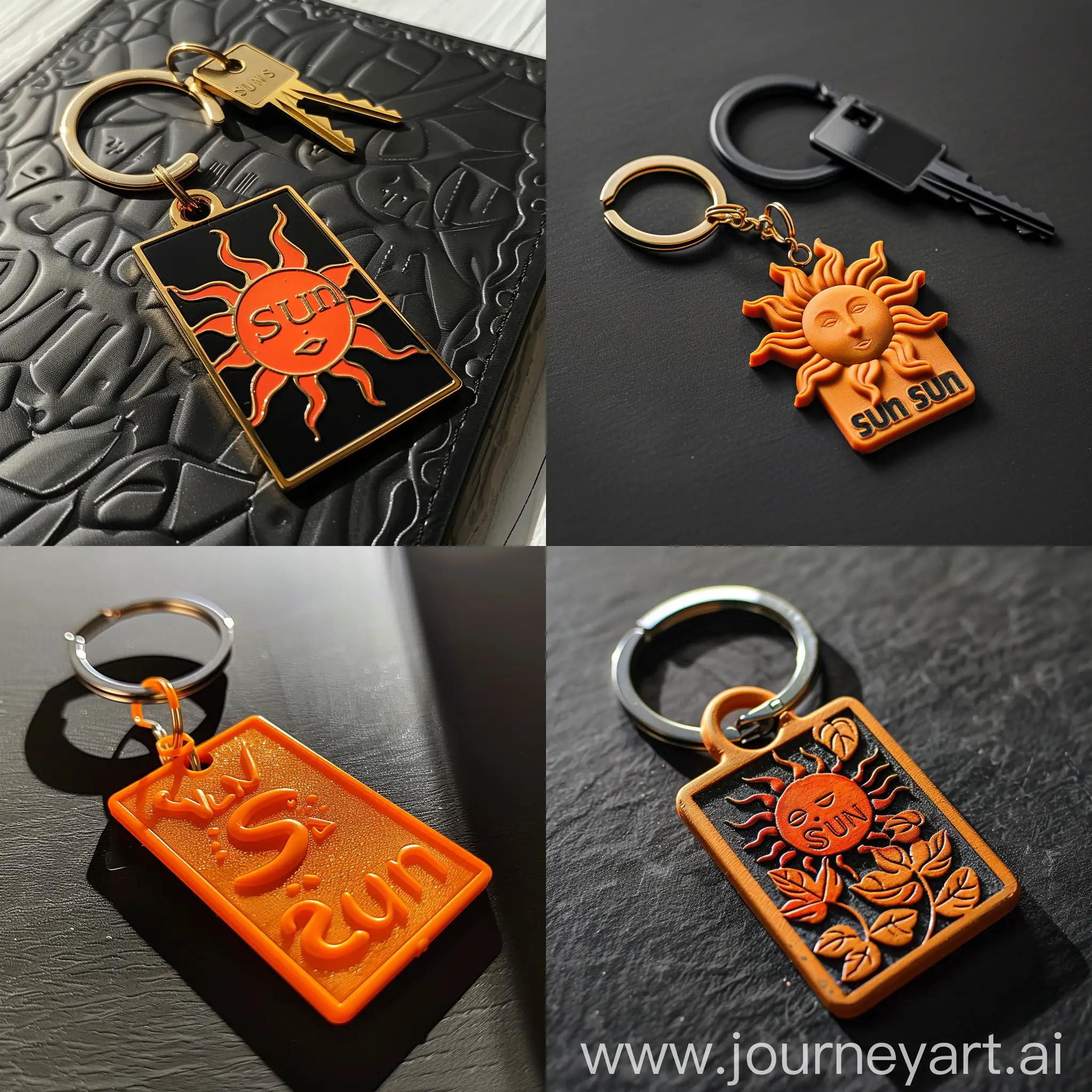orange keychain on a black background with the inscription sun