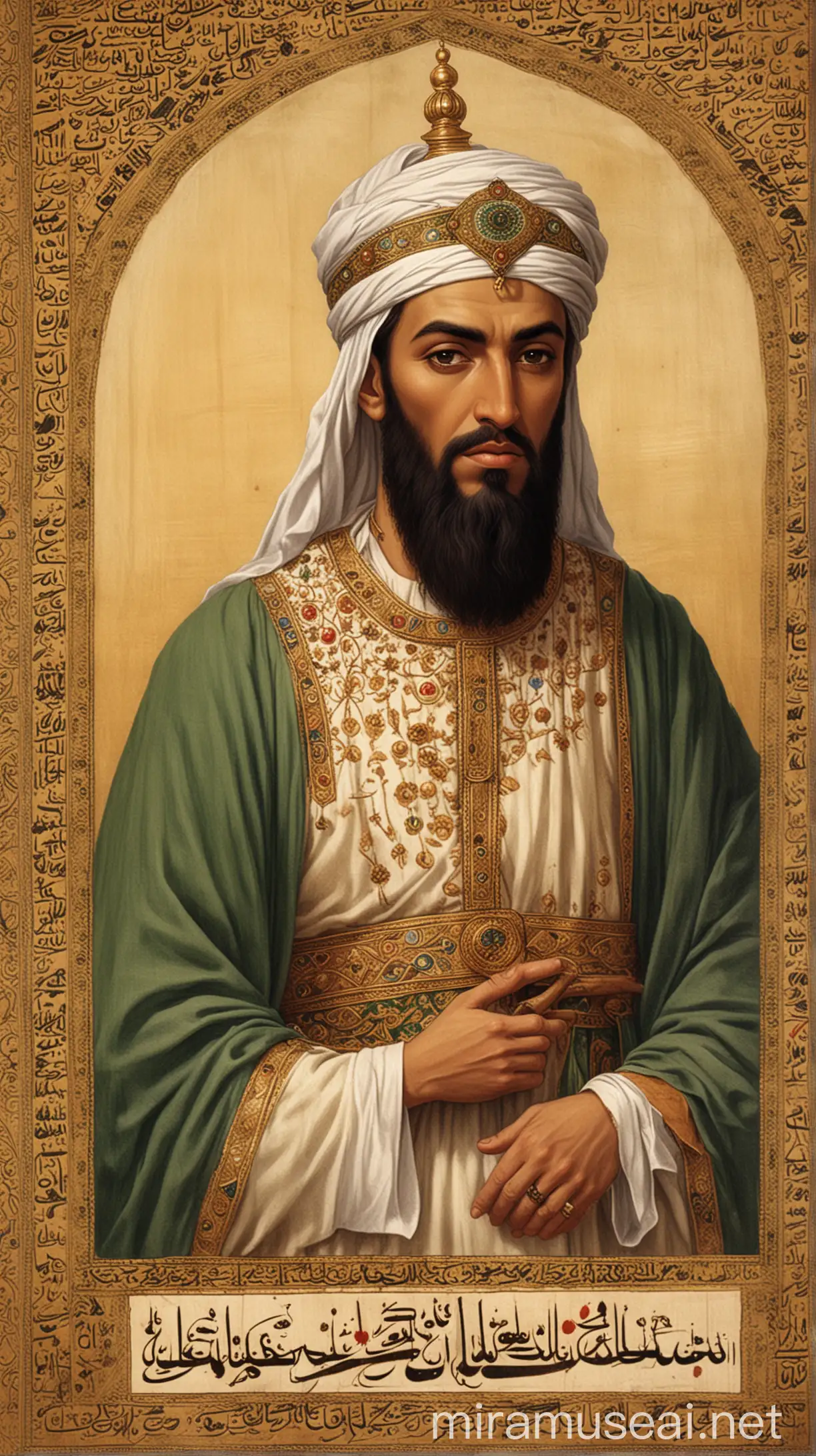 An image depicting ʿUmar I, the second Muslim caliph, born in Mecca around 586 AD. He played a crucial role in shaping the early Islamic community and governance.


