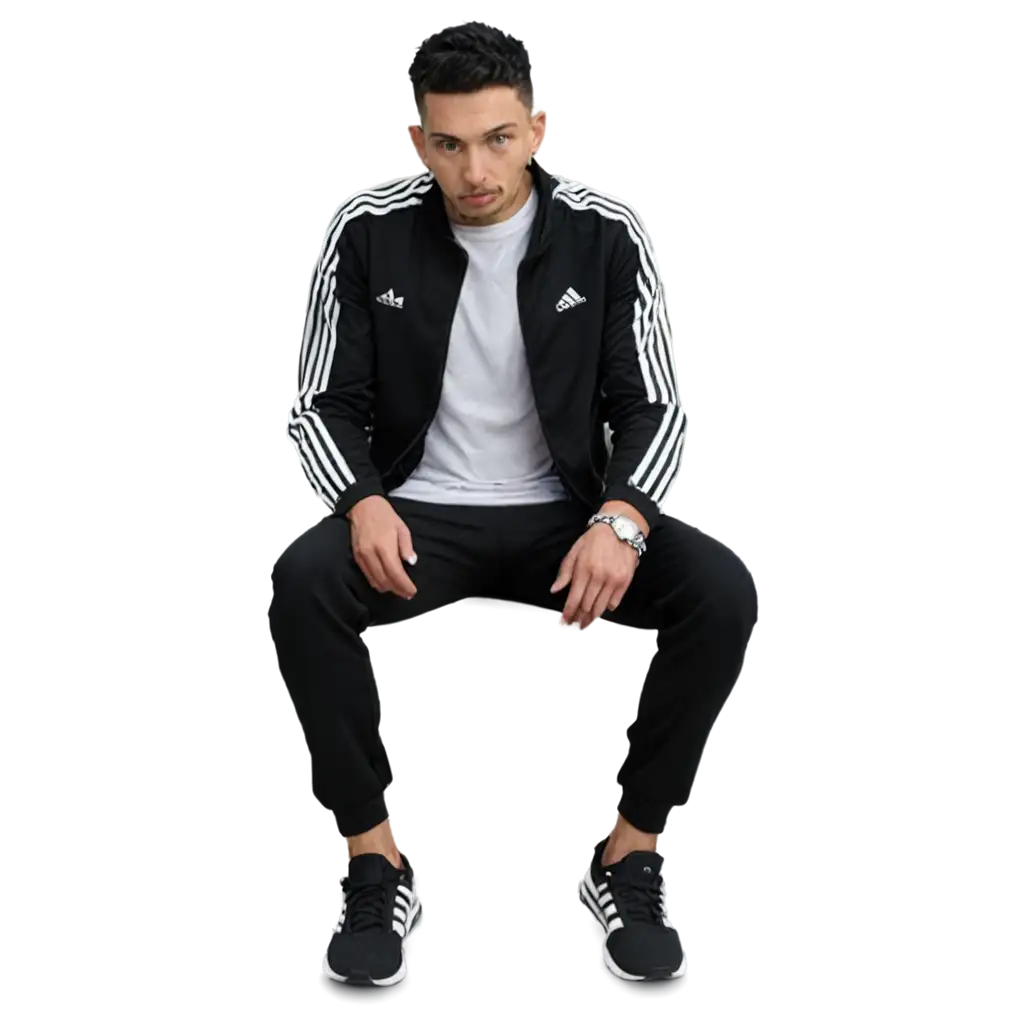 Tramp-Man-in-Adidas-Jacket-Sitting-Authentic-PNG-Image-Capturing-Urban-Lifestyle