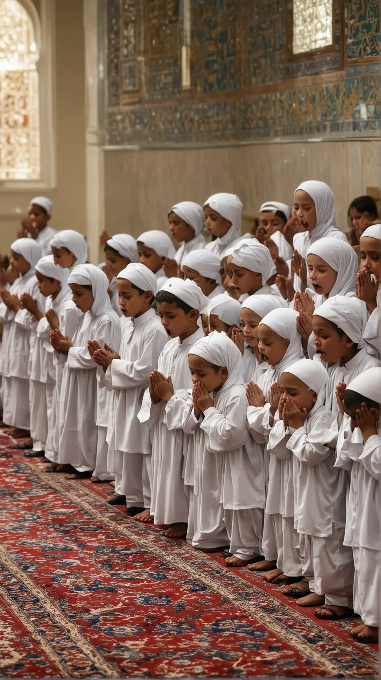 Muslim Children Praying and Crying in Mosque
