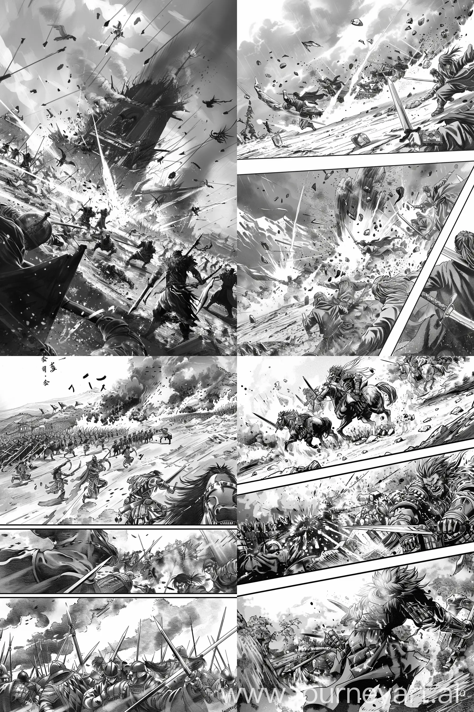 Epic-MangaStyle-Battle-Wizards-and-Warriors-Clash-in-Monochrome-Fantasy-War