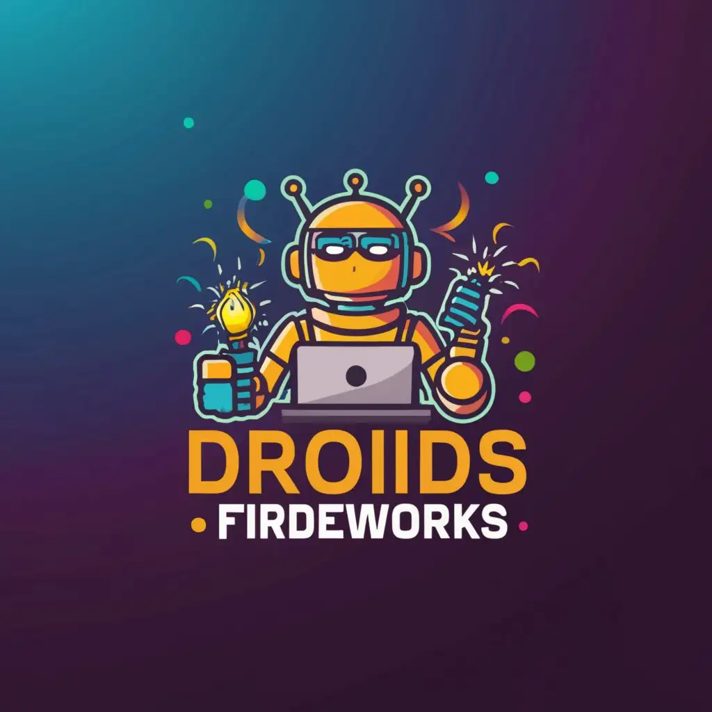 a logo design,with the text "droids fireworks", main symbol:he student on the computer is a robot making it difficult. In the background, there are balloons resembling a celebration and fireworks,Moderate,be used in Retail industry,clear background