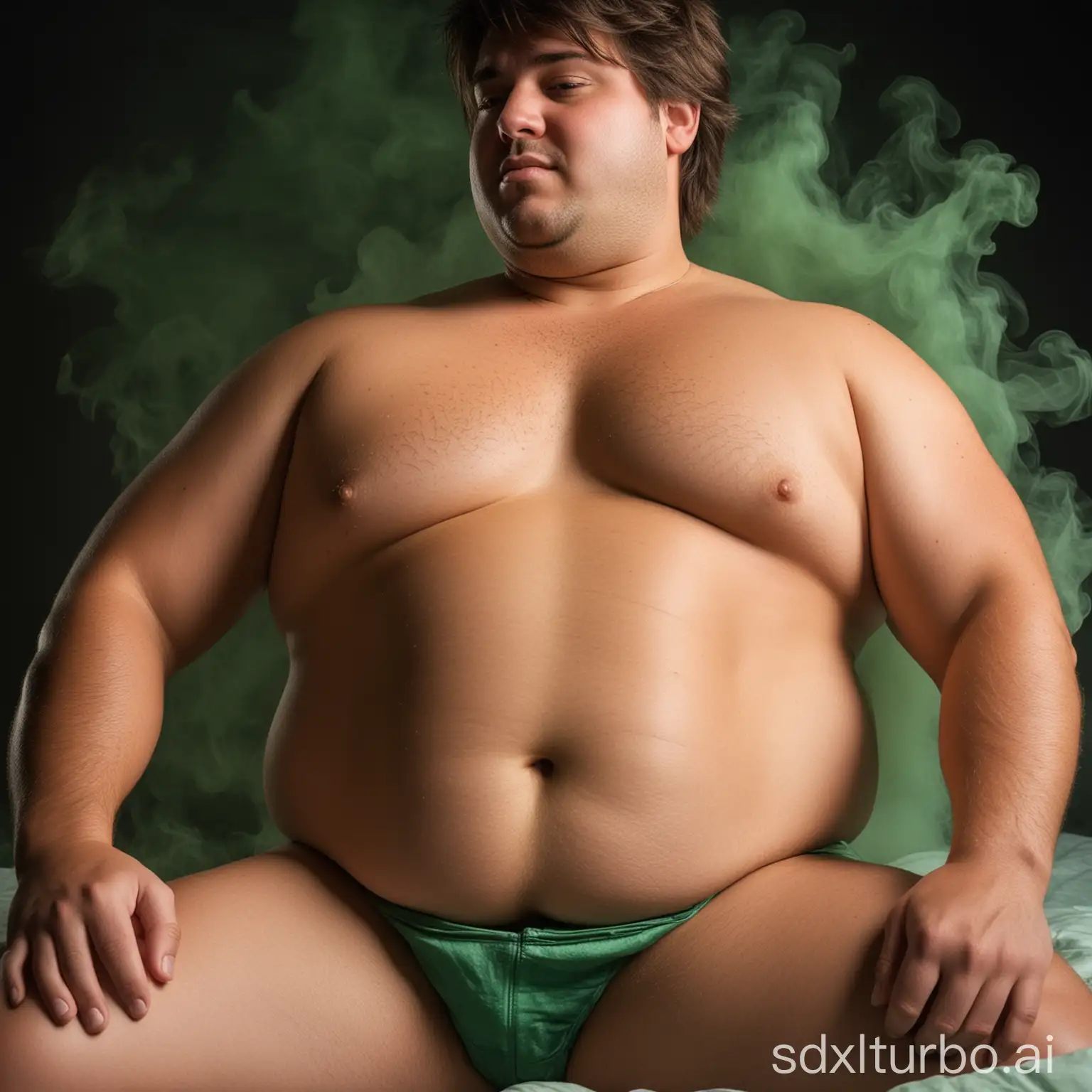 Close up, a belly of a tanned young chubby man, with mullet hair, spreeding green smoke to his back, in a bed, dark background