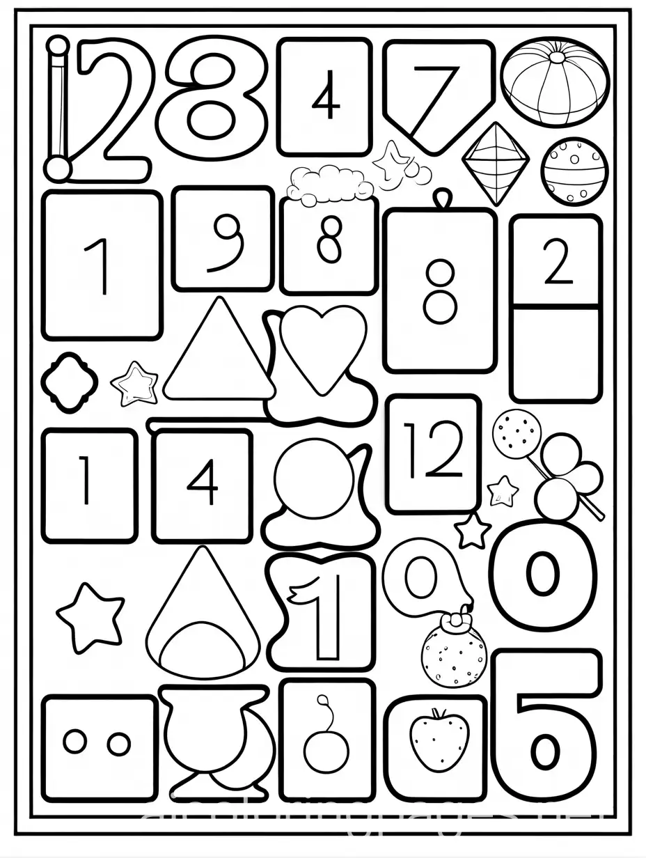 coloring page of numbers and  shapes , Coloring Page, black and white, line art, white background, Simplicity, Ample White Space. The background of the coloring page is plain white to make it easy for young children to color within the lines. The outlines of all the subjects are easy to distinguish, making it simple for kids to color without too much difficulty