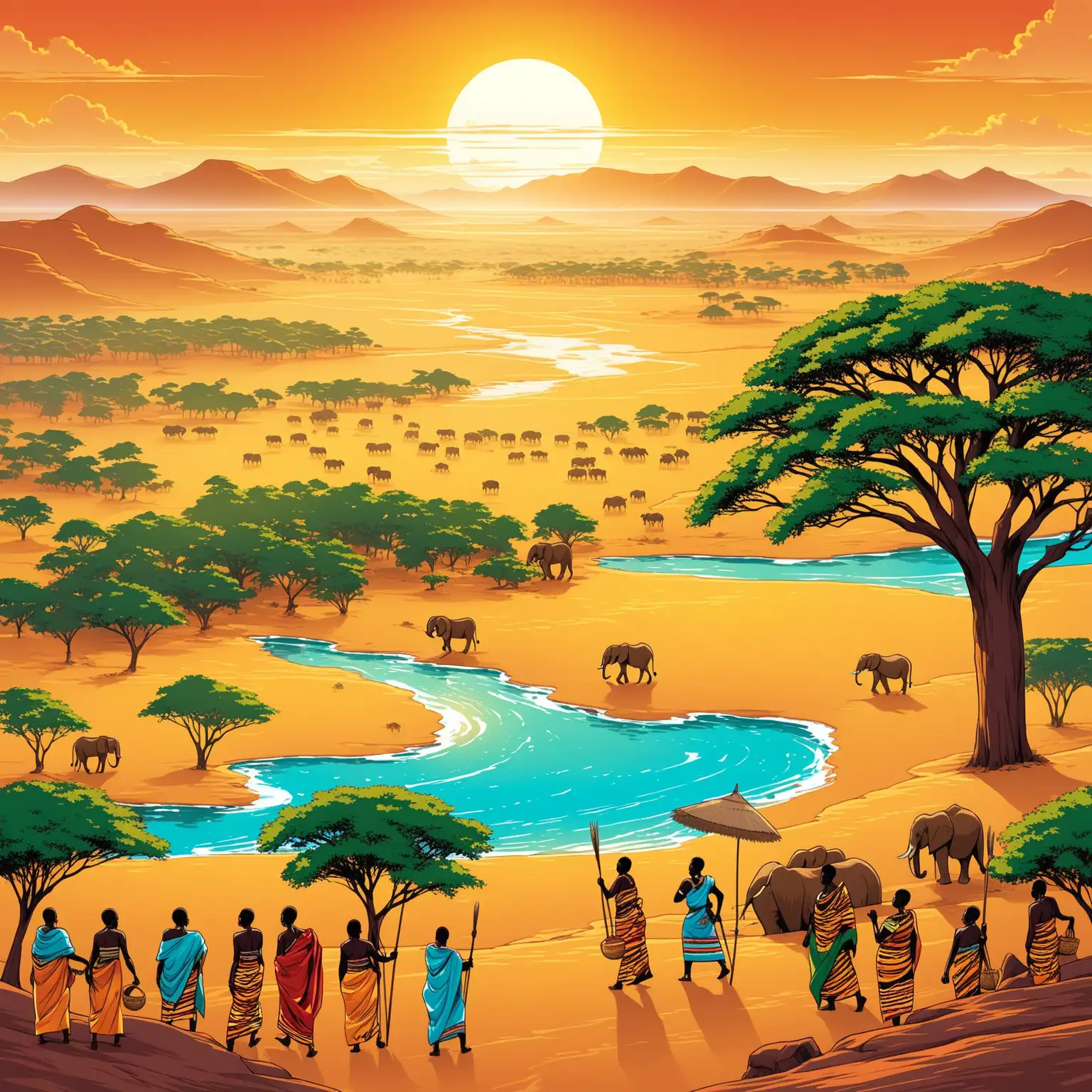 Illustrate an image of the vast and beautiful continent of Africa. Show fresh trees, food, people in traditional african wear.