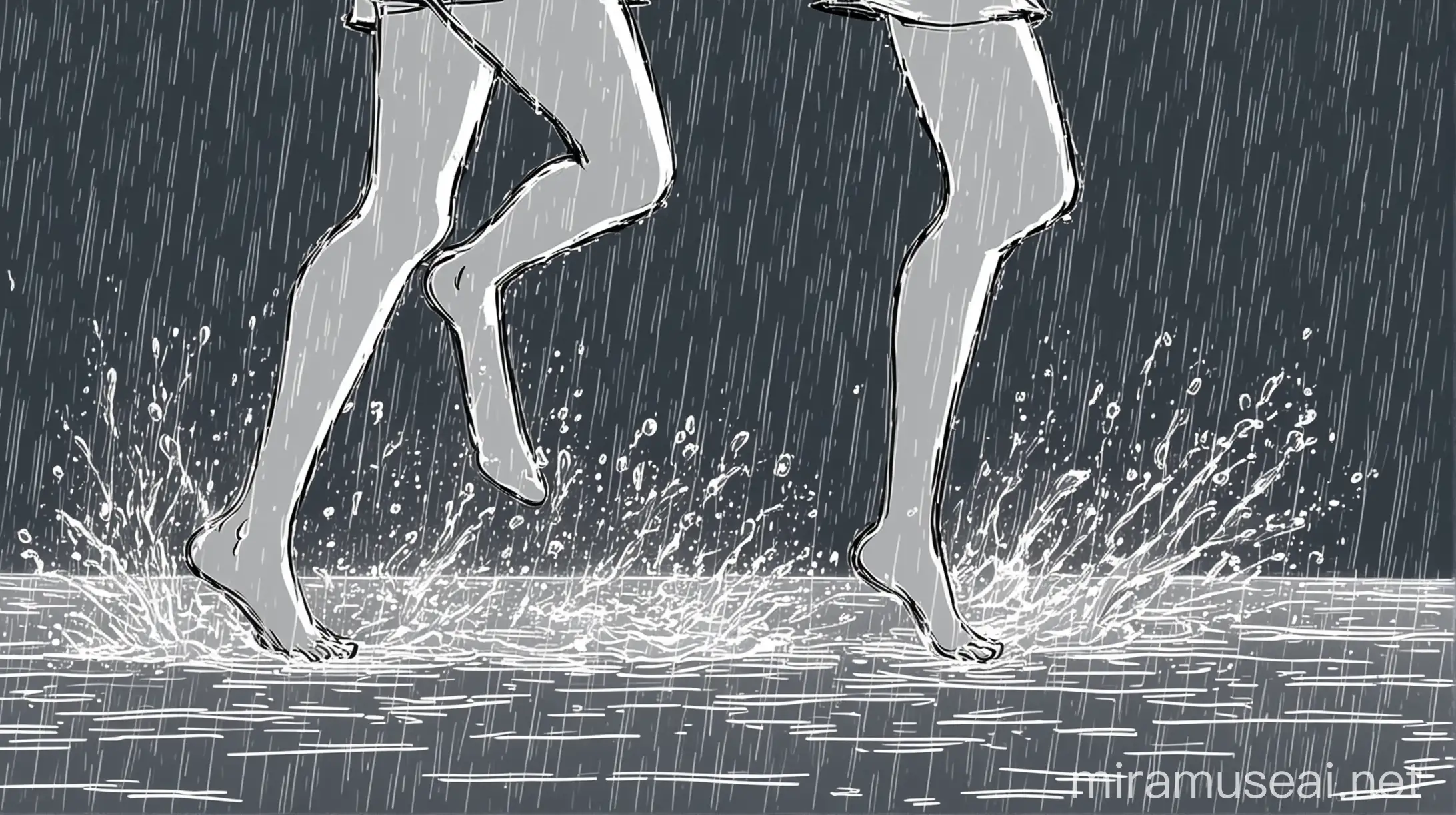 Running in the rainy night of a girl, camera view from the side, splashing water from the girl's feet on super animation, cartoon, pencil drawing, very simple and calm, white sketch, line drawing, very simple and calm, don't have bright shadow