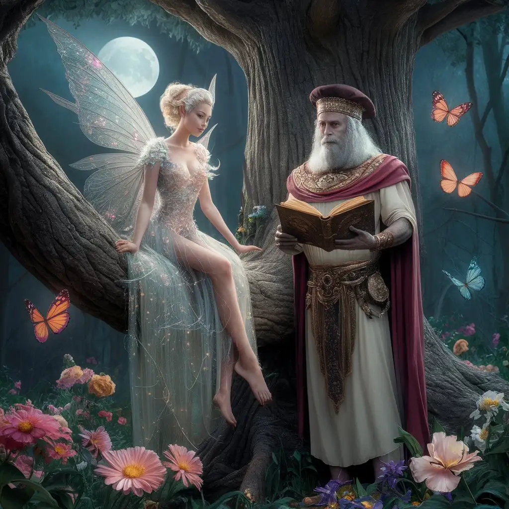 Create a realistic, breathtaking magical beautiful photo. In the very center, on a thick branch of a majestic tree, sits a beautiful fairy of extraordinary beauty. Her airy, ornate dress shimmers with delicate colors in the moonlight. Next to her stands a mysterious sorcerer, dressed in a richly decorated toga and wearing a classic cap typical of sorcerers. In his hand he holds an old, ancient book, full of mysterious spells, which he carefully shows to the fairies. The scene takes place on a magical night, surrounded by various, beautiful flowers that bloom in the most beautiful colors. Around them dance four butterflies of a delightful tinge. All this happens in a dense, green forest that exudes magic and a fairytale atmosphere, making the whole scene seem taken out of the most beautiful story. The climate of magic