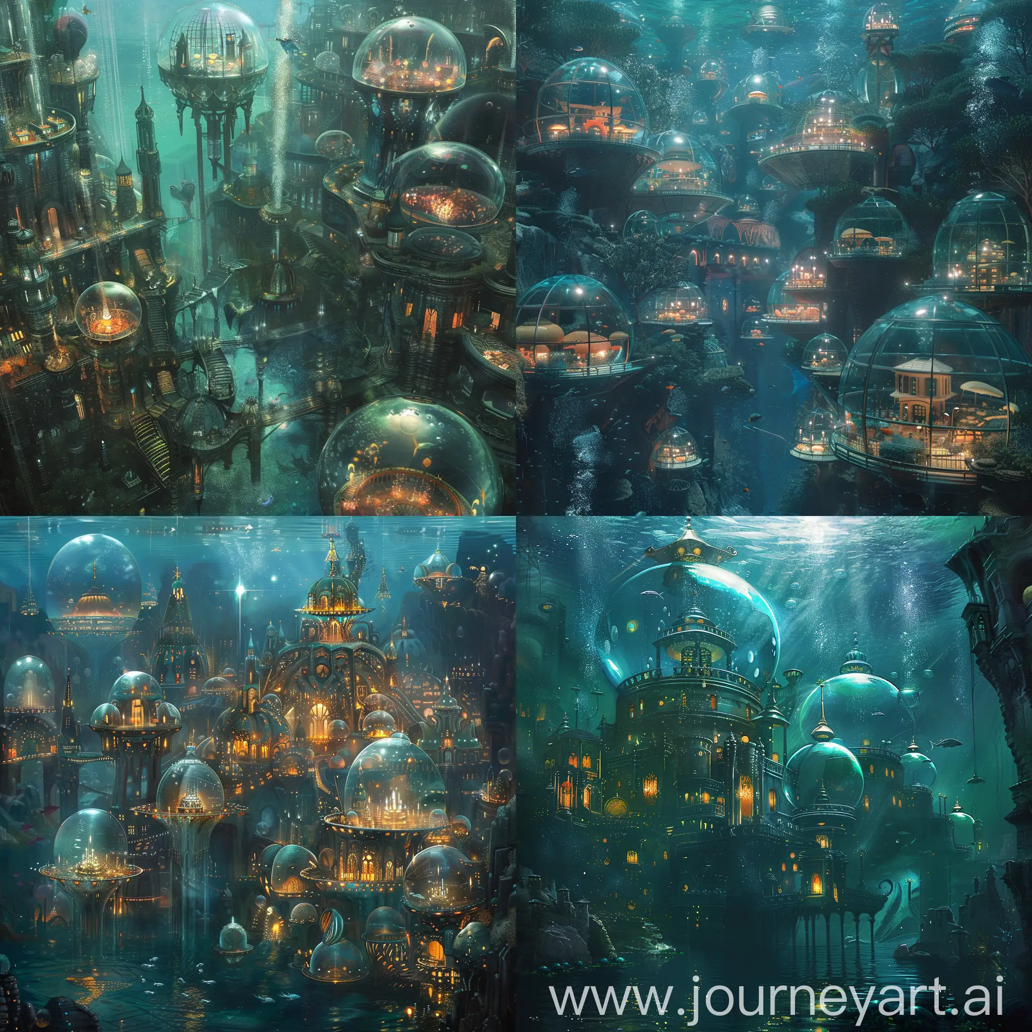 An underwater metropolis with bubble domes, inhabited by merfolk and sea creatures!