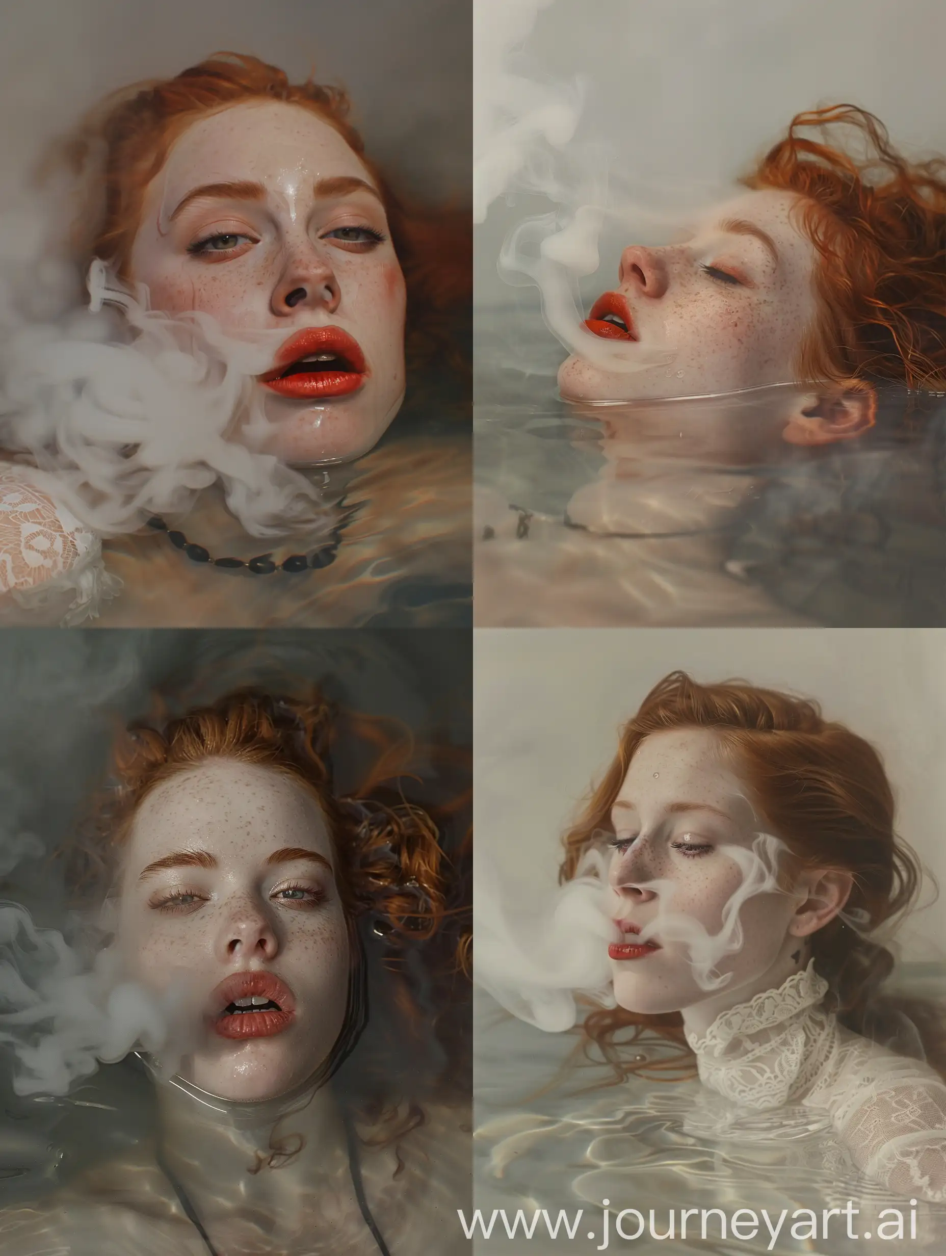 hyperrealism, portrait, foggy, redhead girl, porcelain skin, laying in water, heavy smoke drifting from mouth
