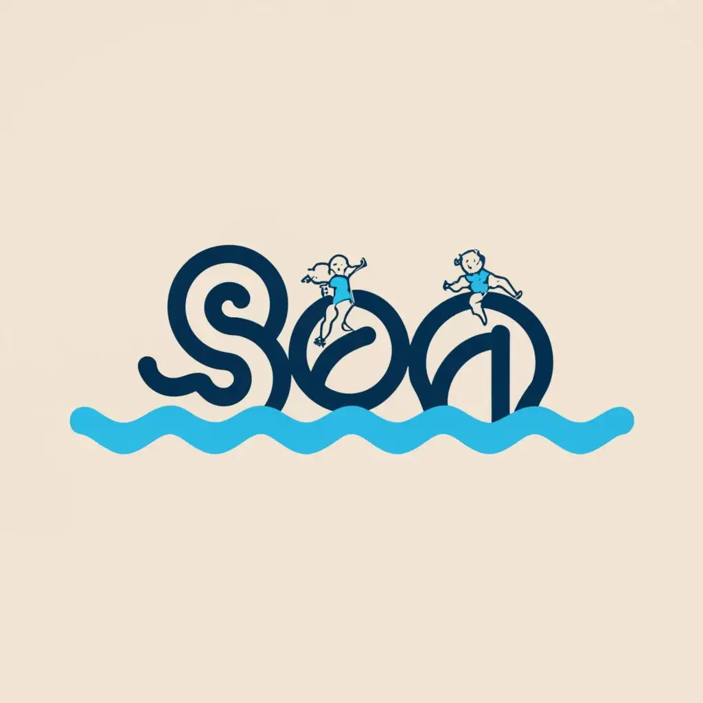 a logo design,with the text "Sea", main symbol:The word sea, which is one line after the letter e, is like sea waves and two babies, a girl and a boy, are in the picture,Moderate,be used in Others industry,clear background