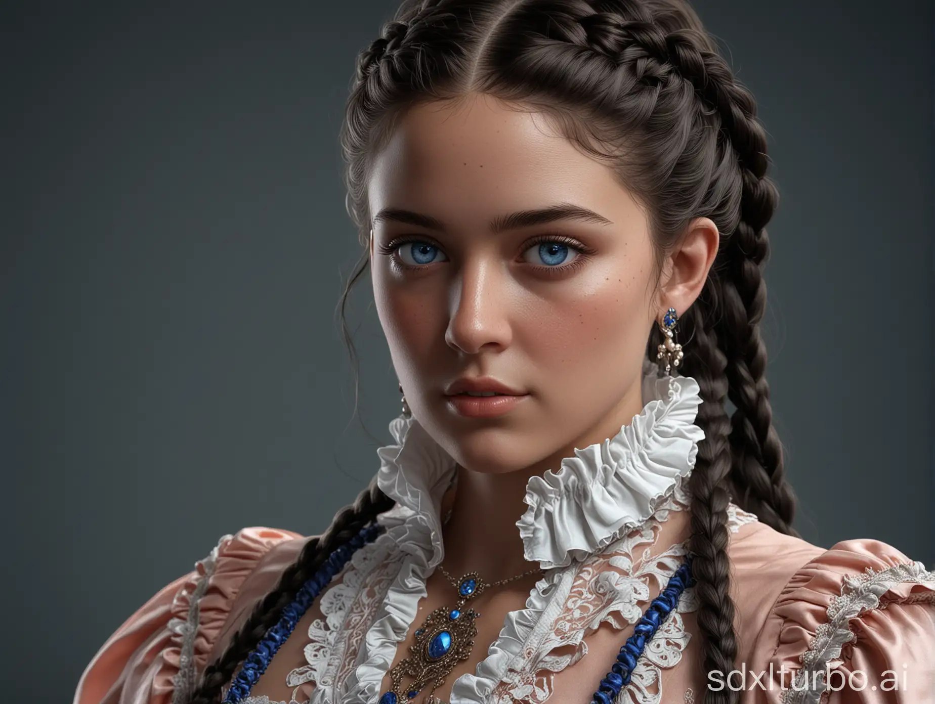 A beautiful French girl with dark braids arranged around her head, bright blue eyes, tanned skin with a slight blush, Louis XIV style clothing, perfect composition, beautiful detailed intricate insanely detailed octane render trending on artstation, 8 k, photorealistic concept art, soft natural volumetric cinematic perfect light, chiaroscuro,  masterpiece, greg rutkowski