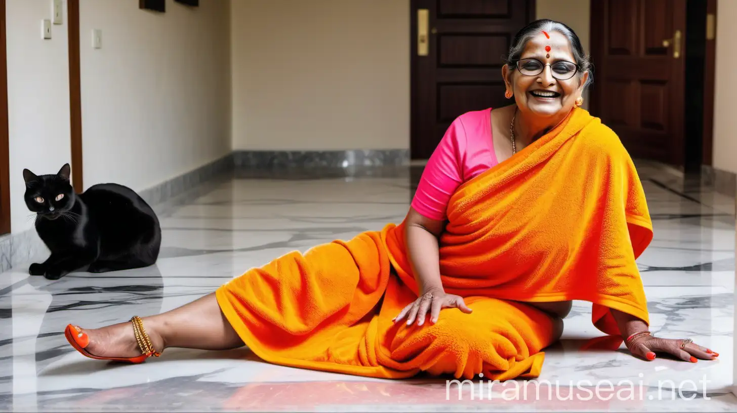 Mature Indian Woman Meditating in Neon Orange Towel at Farmhouse