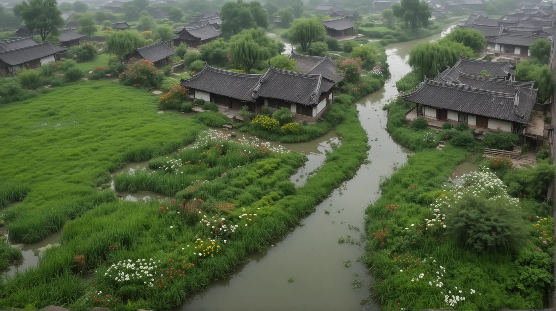 Aerial Panorama of Flowers and Grass by a Stream in Ancient Song Dynasty Village