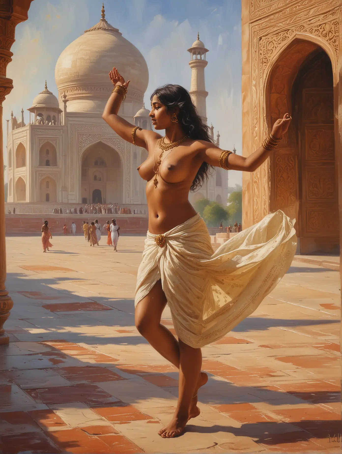 Impressionistic Oil Painting of Nude Tamil Maiden Dancing at the Taj Mahal  | AI Image Generator