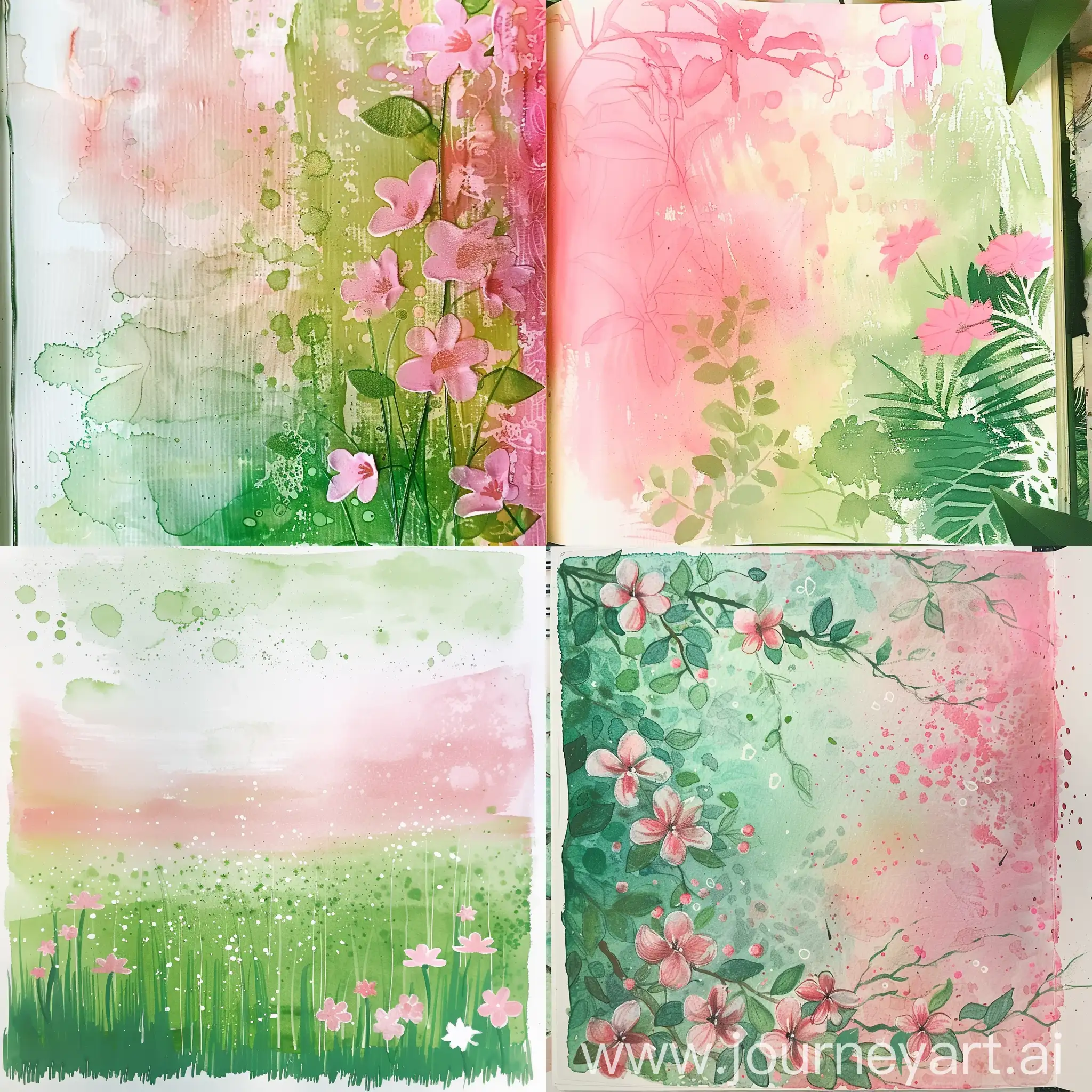 A page painted with gradient technique and using spring green and pink colors.