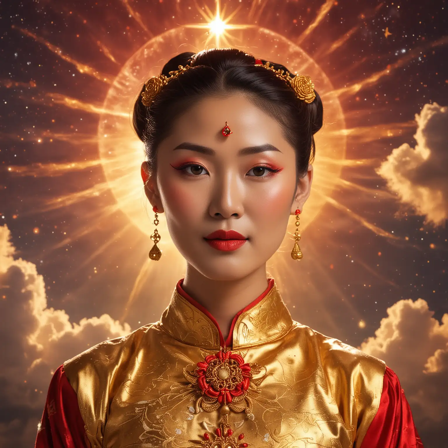 Angelic Asian mother dressed in traditional make up and clothing of shining red and gold with hair in a bun. She is standing in front of celestial skies.