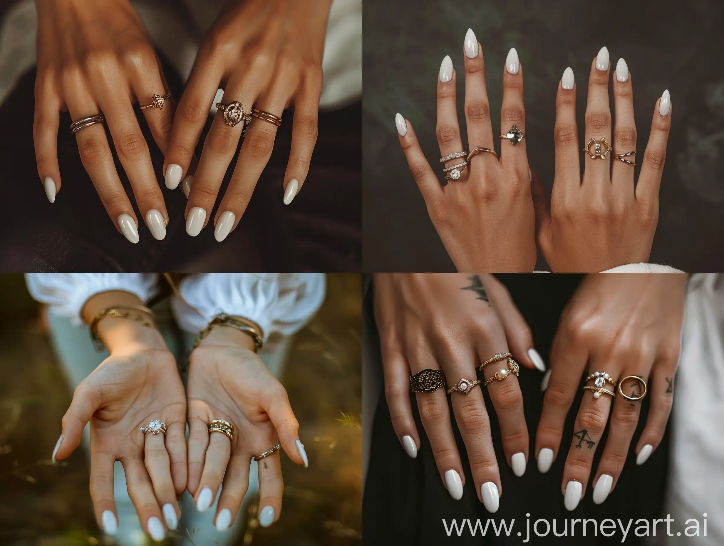 Aesthetic instagram photograph of a pair of slender hands, teenage girl hands, trendy rings, white gel nail polish, close up, professional photograph