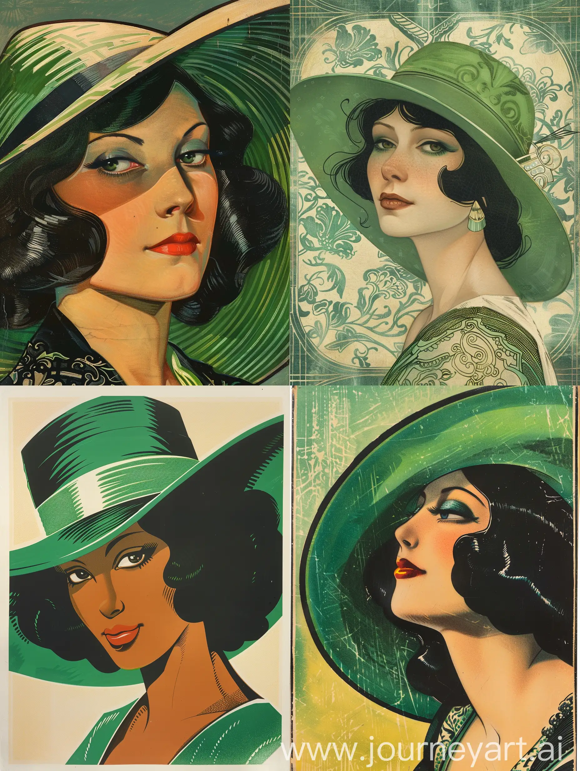 art deco black haired woman wearing a green wide hat