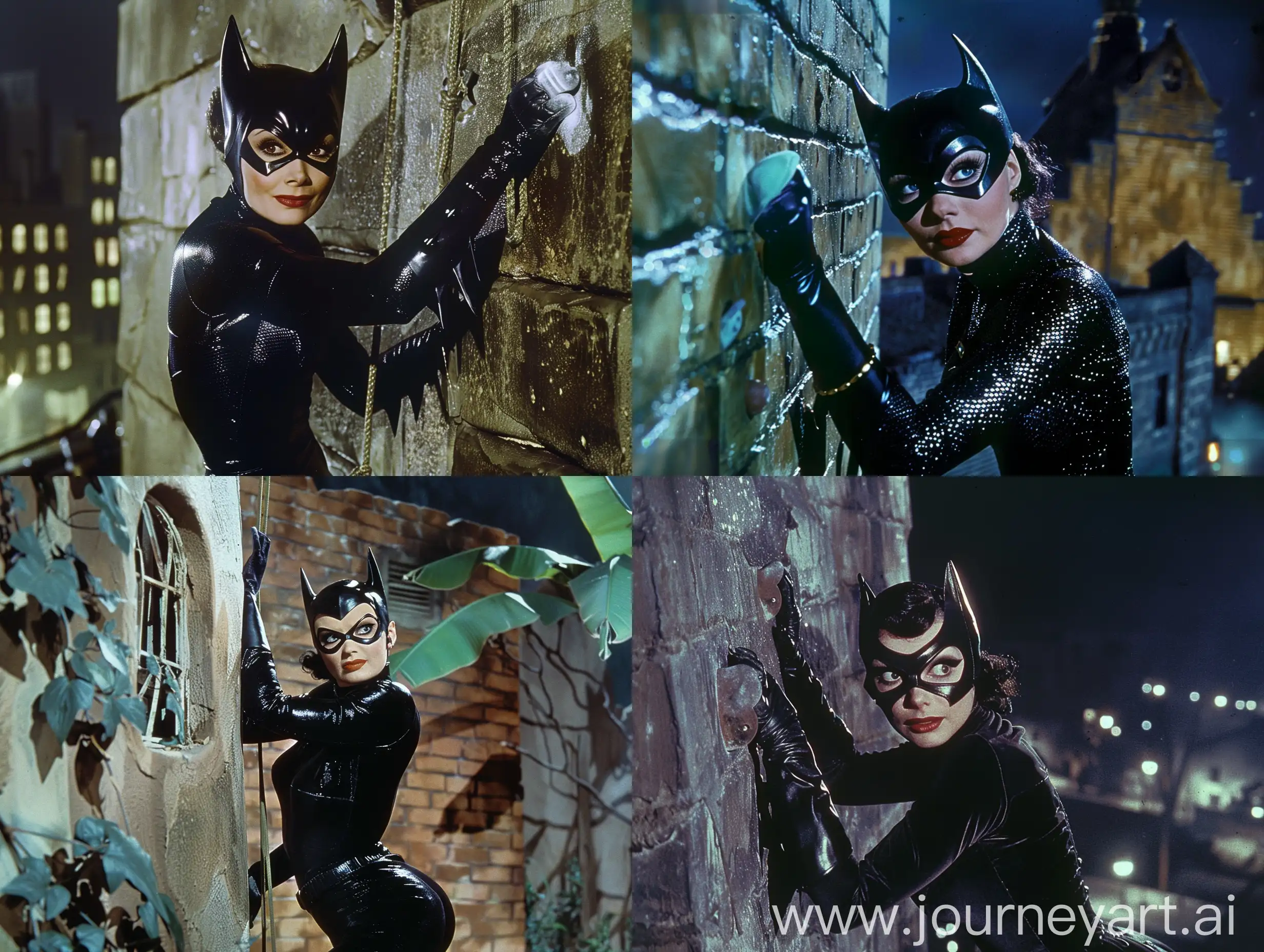 full body Catwoman climbing wall ,at night ,1950's superpanavision 70 ,colory image