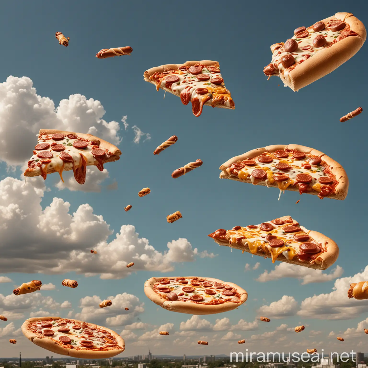 pizzas and hotdogs flying in the sky, and people are shooting at them