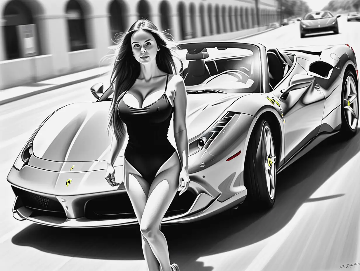 soft focus pencil drawing or "blurred pencil  black and white drawing and White big strike  drawing Pencil  full body view/ long hair Height 6'  , Weight 114 lbs , Breast Size 36 , Waist Size 24 , Hip Size 35 , Body Figure 35-24-35 , Blue eyes , realistic photo /Driving the Ferrari 488 Spider Open roof on a city road/ 