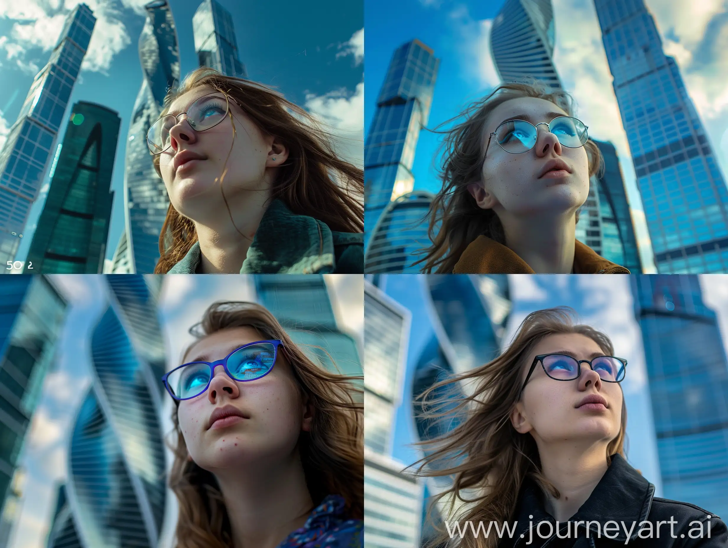 Stunning-Teenage-Girl-with-Glasses-Amidst-Moscow-Skyscrapers-and-Vibrant-Blue-Sky
