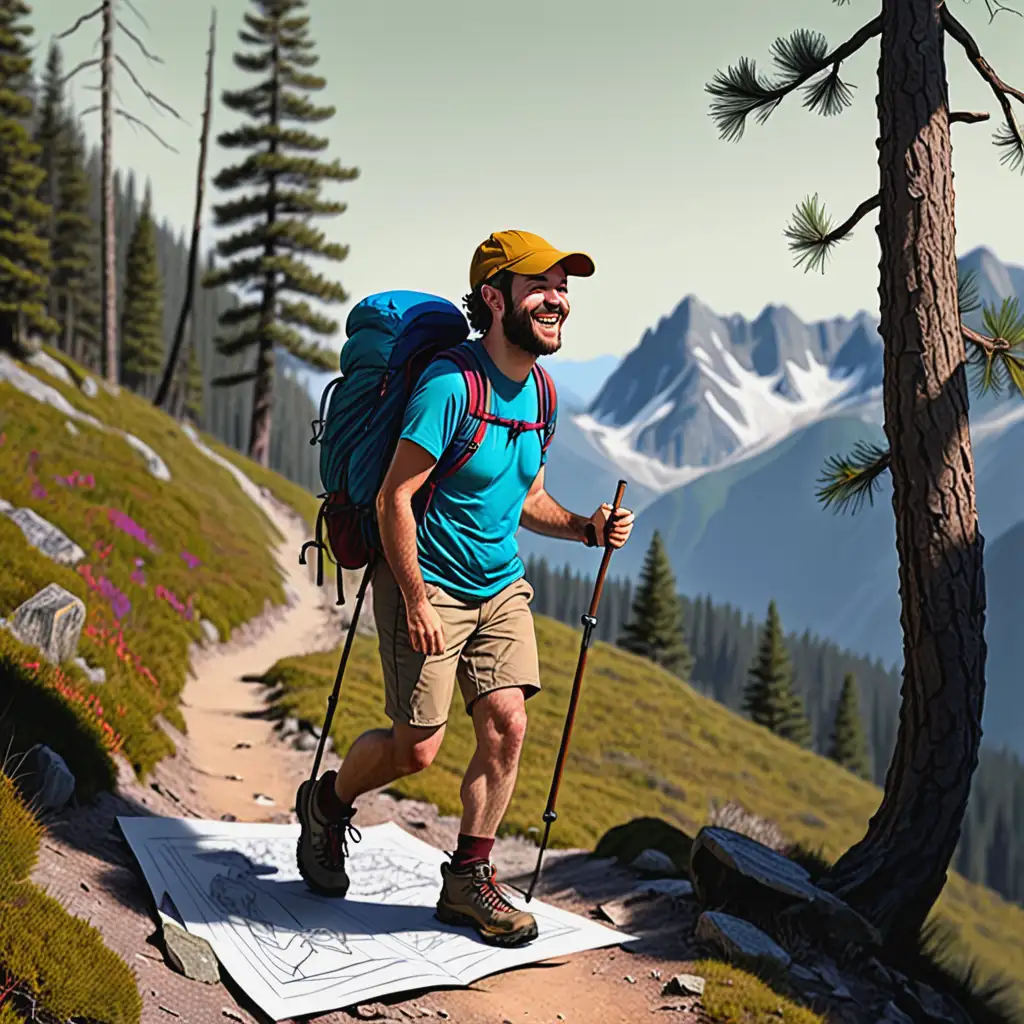 Happy Hiker Drawing in Colorful Natural Landscape