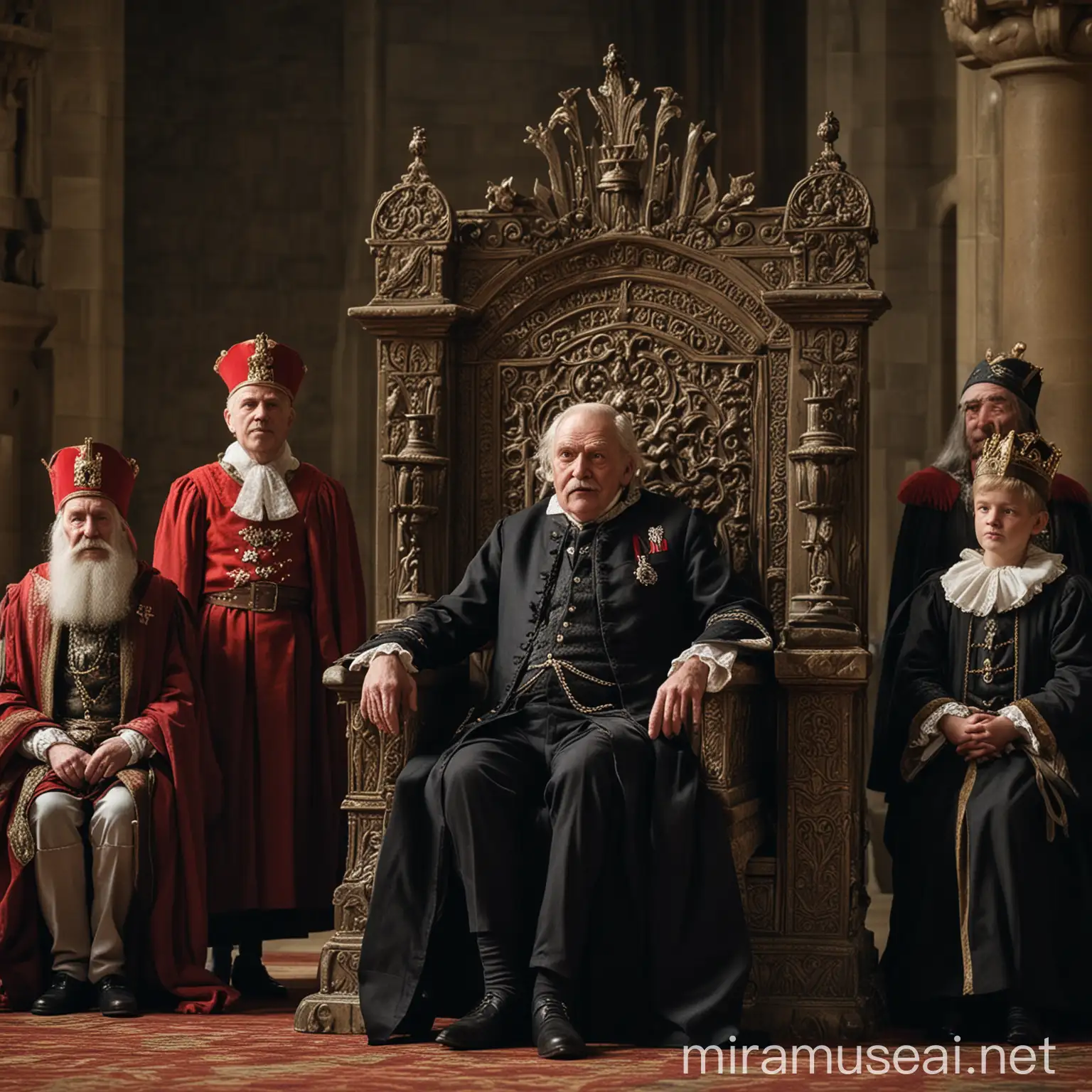 Старый граф сидит на троне в большом зале, у него отсутствующий взгляд, в углах зала молодые подданные смеются 