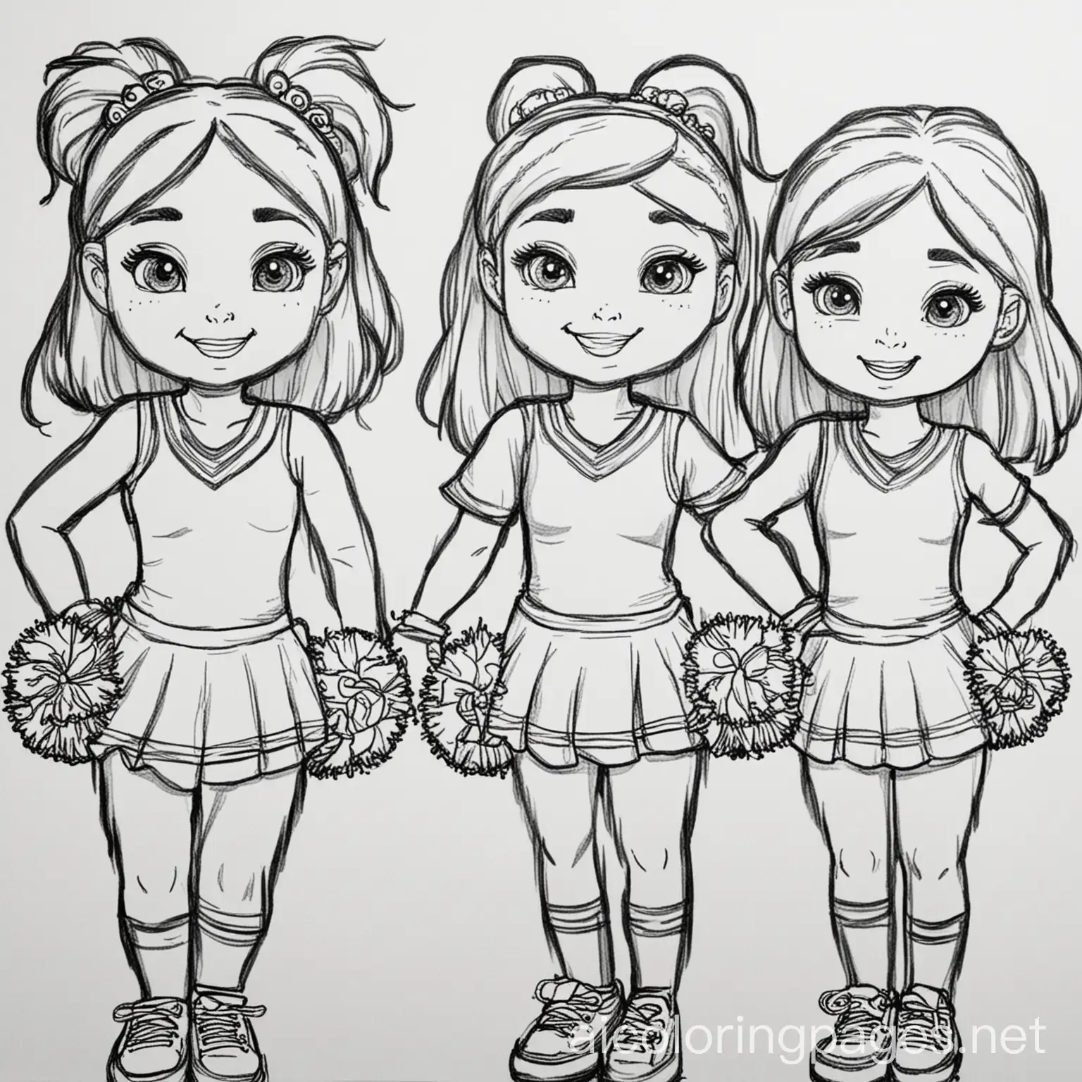 young cheerleaders on a cheer squad, Coloring Page, black and white, line art, white background, Simplicity, Ample White Space. The background of the coloring page is plain white to make it easy for young children to color within the lines. The outlines of all the subjects are easy to distinguish, making it simple for kids to color without too much difficulty