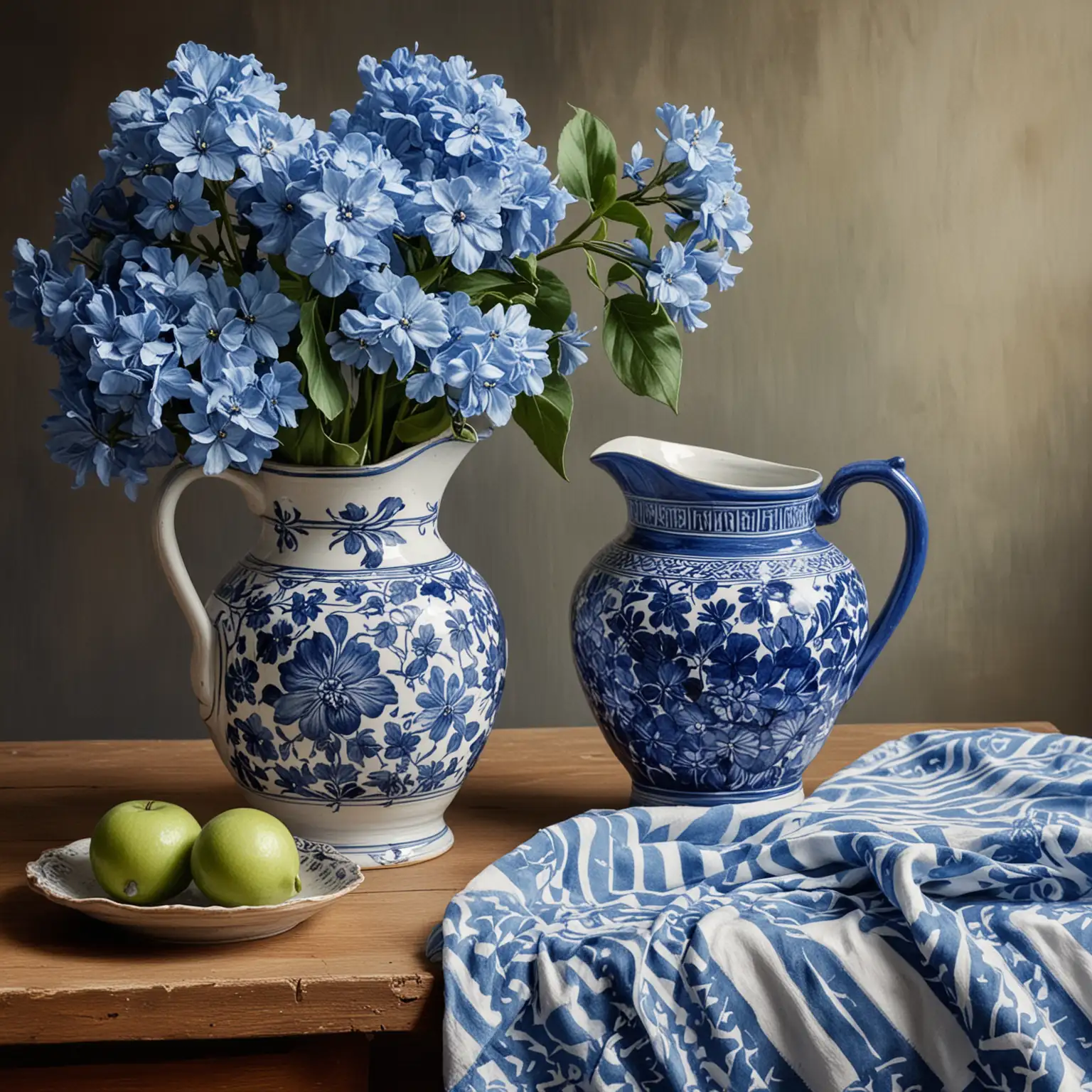 A STILL LIFE PAINTING OF A BLUE AND WHITE PITCHER WITH BLUE HYDRANGES AND ANOTHER SMALL BLUE AND WHITE PIECE OF POTTERY ON THE TABLE. SHOW A CLOTH ON THE TABLE