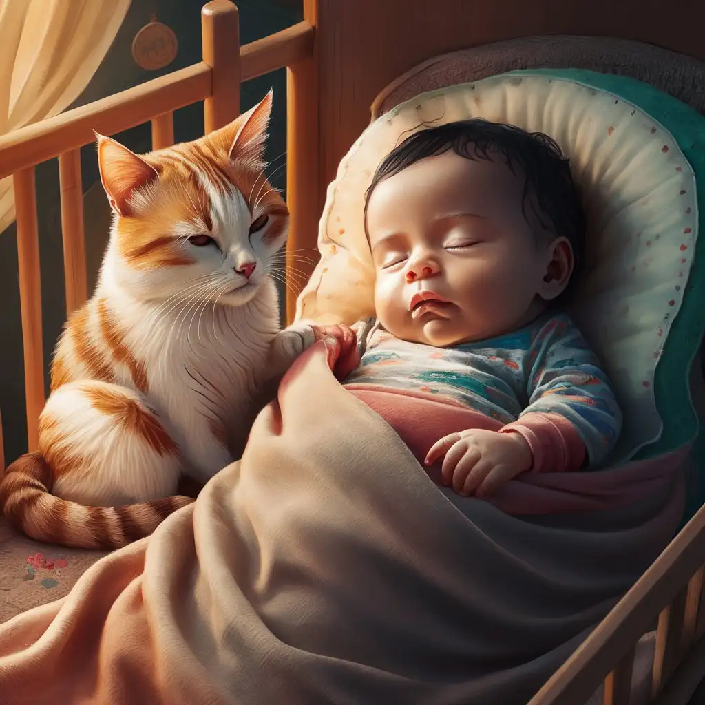 Human baby sleeping in bed, white orange cat by its side