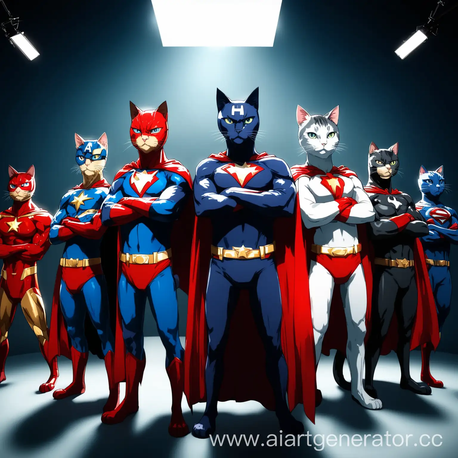 Крутые Аниме коты супергерои стоят перед камерой с руками скрещёнными на груди и смотрят в кадр. Объектив широкоугольный. Свет студийный. Фон циклорама белая