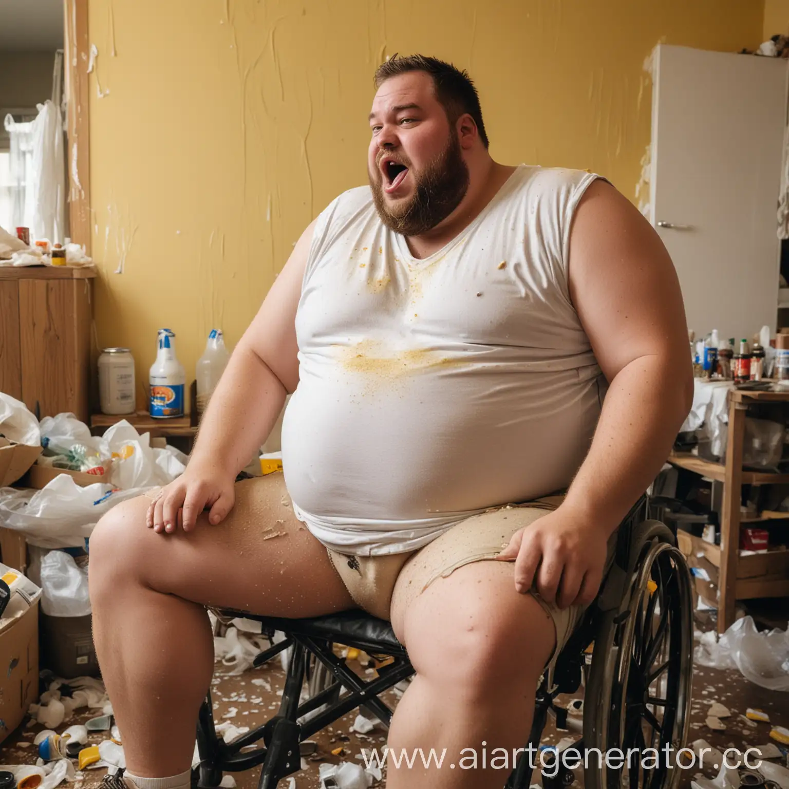 большой жирный мужик сидит в инвалидном кресле в майку безрукавке, изо рта идет белая пена, комната вокруг него грязная комната, заваленная мусором в теплых тонах, вся одежда на нем в желтых пятнах, а вокруг него много пива