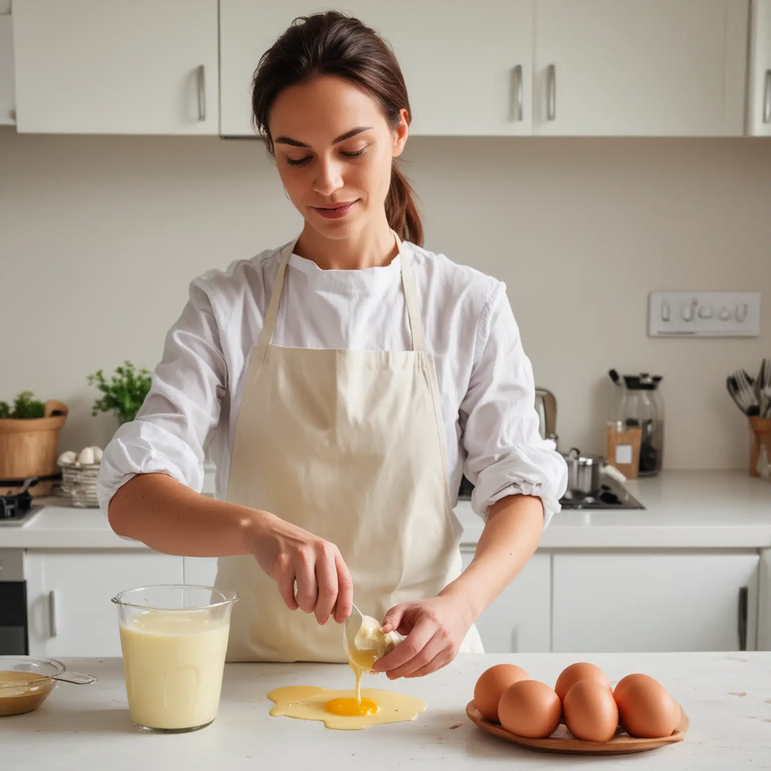 Женщина готовит майонез из яйиц на белой кухне
