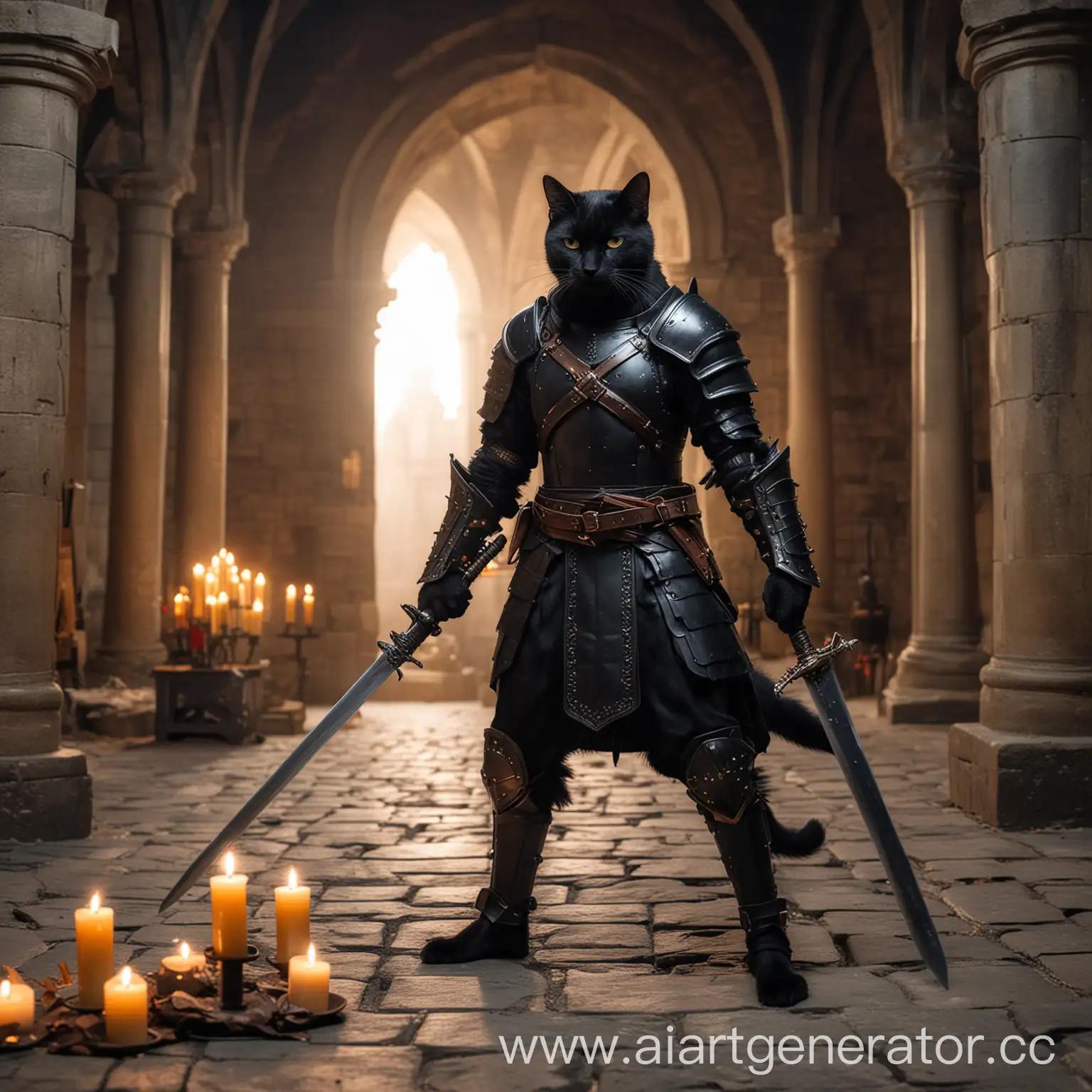 стоит черный кот в доспехах с двуручным мечом, в большом замке со свечами