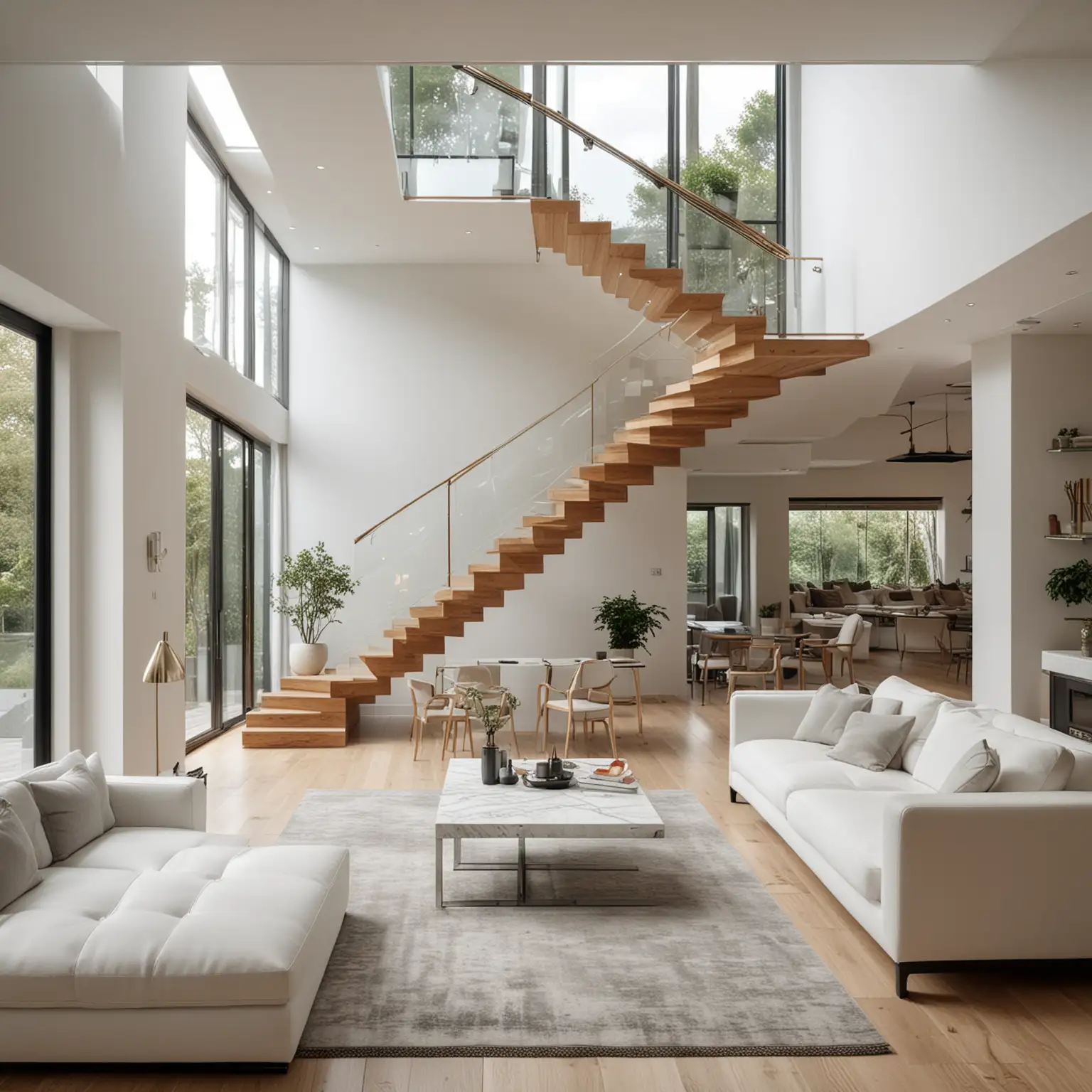 A modern living room with a beautiful white marble table between 2 white sofas ,on the left of the living room there are floor to ceiling glass window and on the right of the living room there are wooden stairs to the second floor, 8k resolution, professional interior design photograph