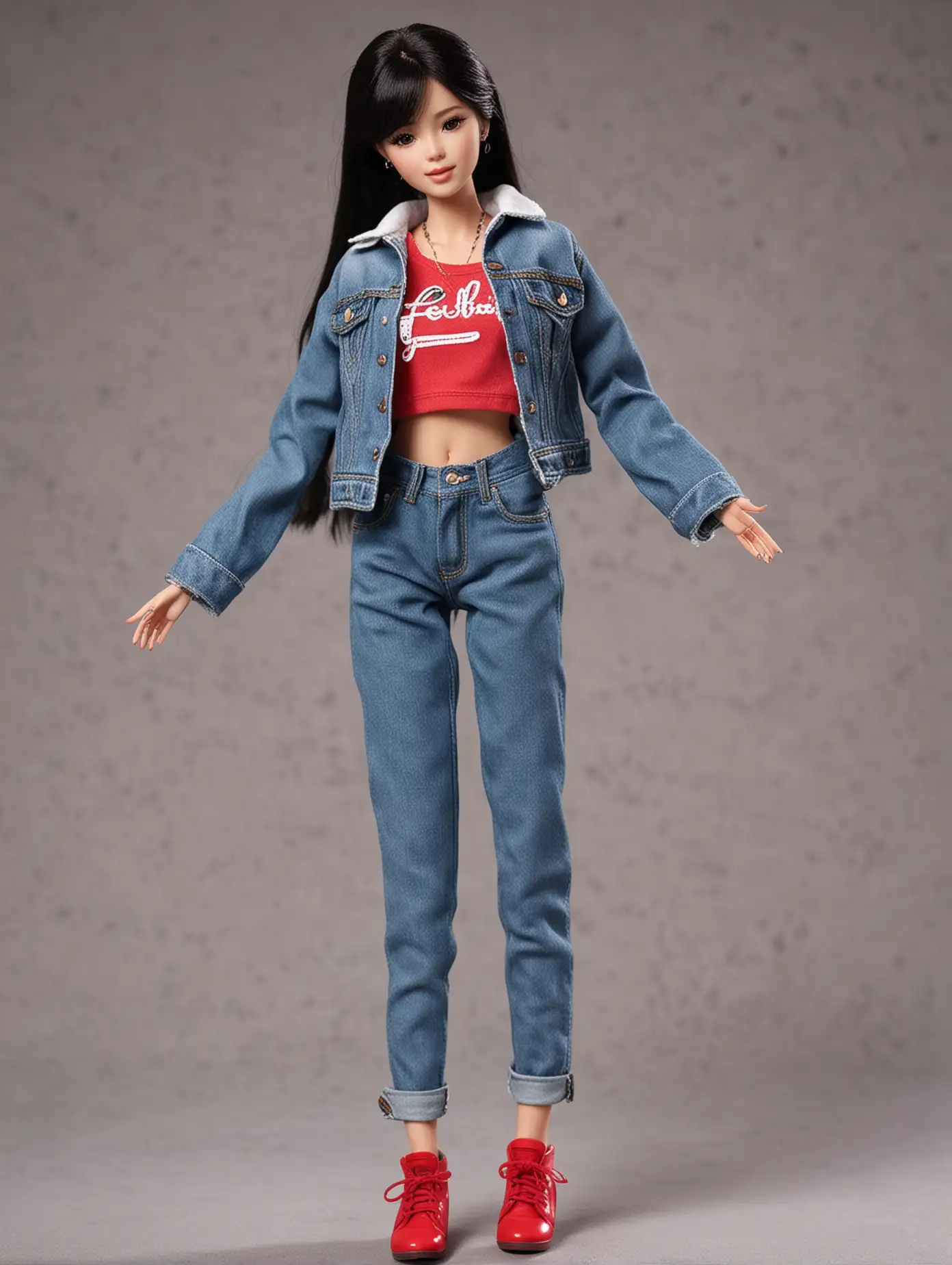 Beautiful teenage Kim Hye-yoon Barbie doll. height 140CM. Black hair. wearing a Levis jacket, Levis pants. Red Shoes. 2 finger pose. funny