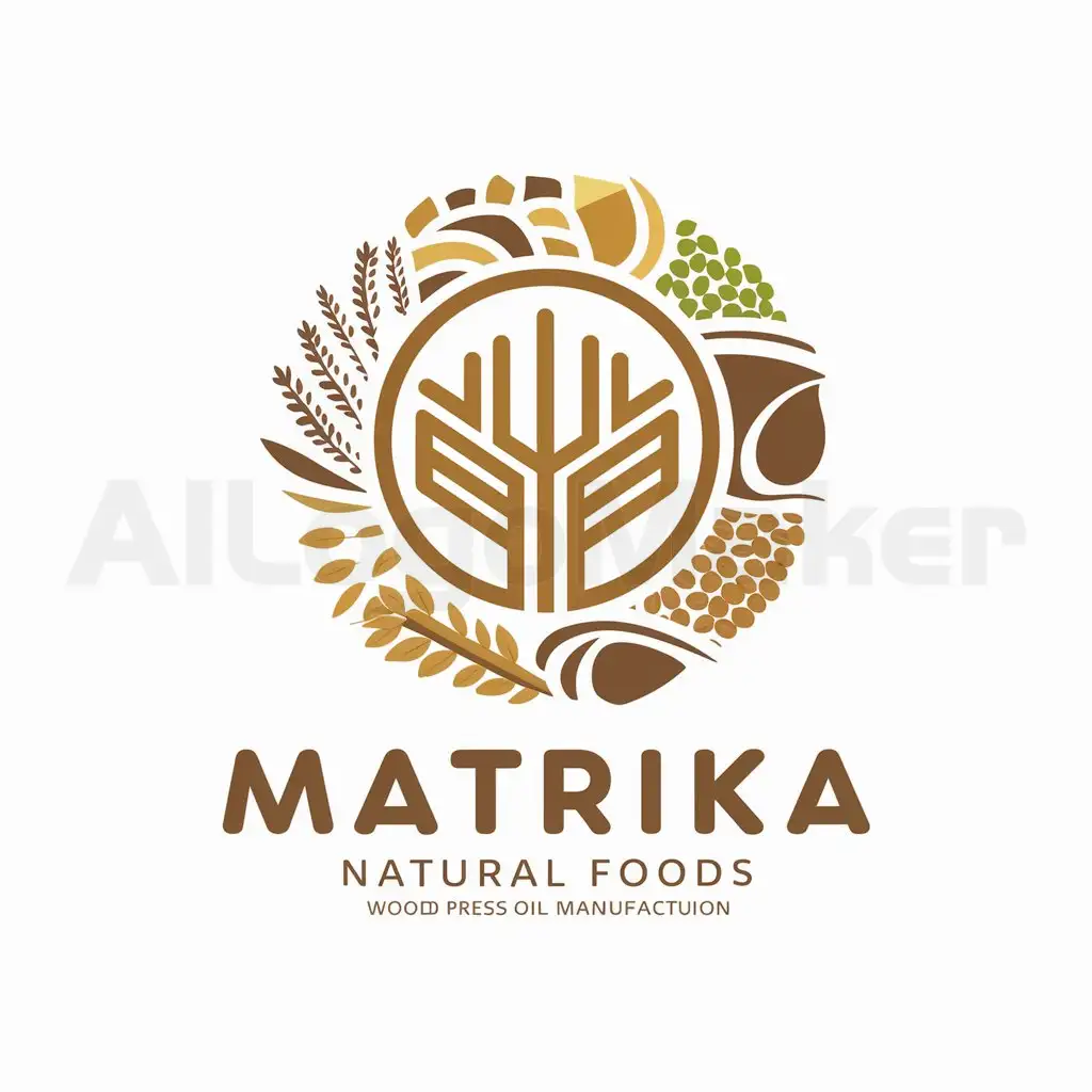 a logo design,with the text "MATRIKA natural foods", main symbol:Need to design LOGO for wood press oil manufacturing company named MATRIKA natural foods. Need logo that represent authentic wood press oil . should be unique in this cluttered market. Logo should not represent only oil bcz in future many products will be added like grains & its flour, pulses etc,Moderate,be used in Others industry,clear background