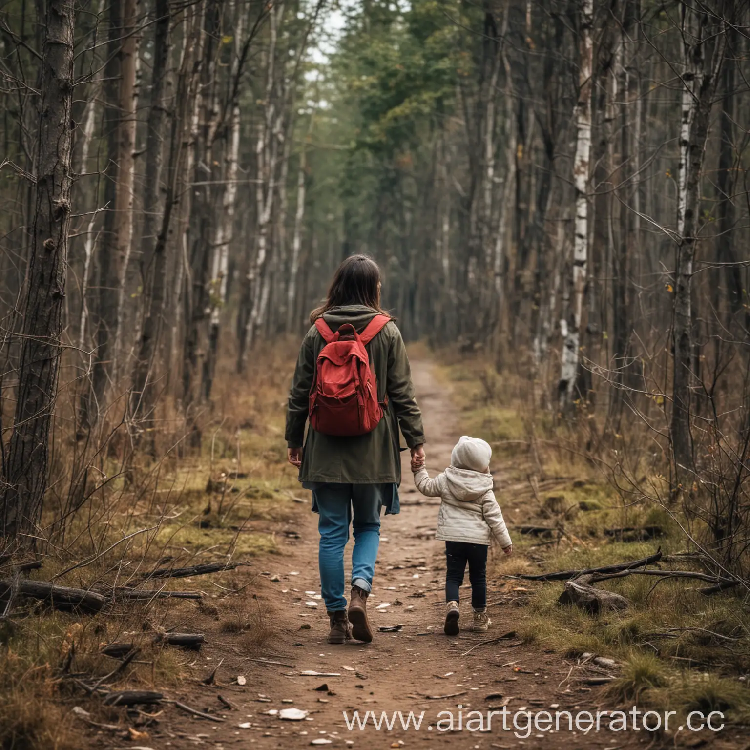 Mother-and-Child-Walking-in-Abandoned-Forest