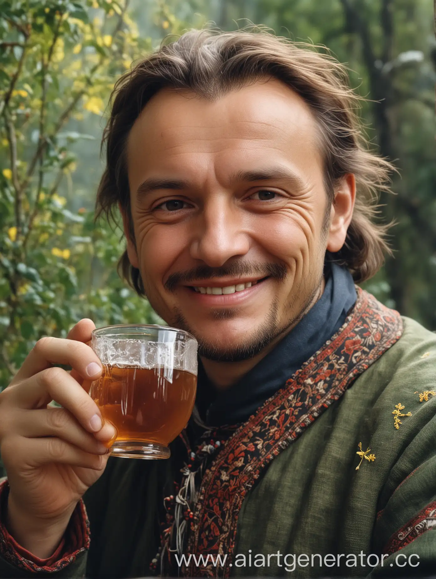Украинский поэт Тарас Григорьвич Шевченко пьет карпатский травяной чай, улыбается, крупным планом
