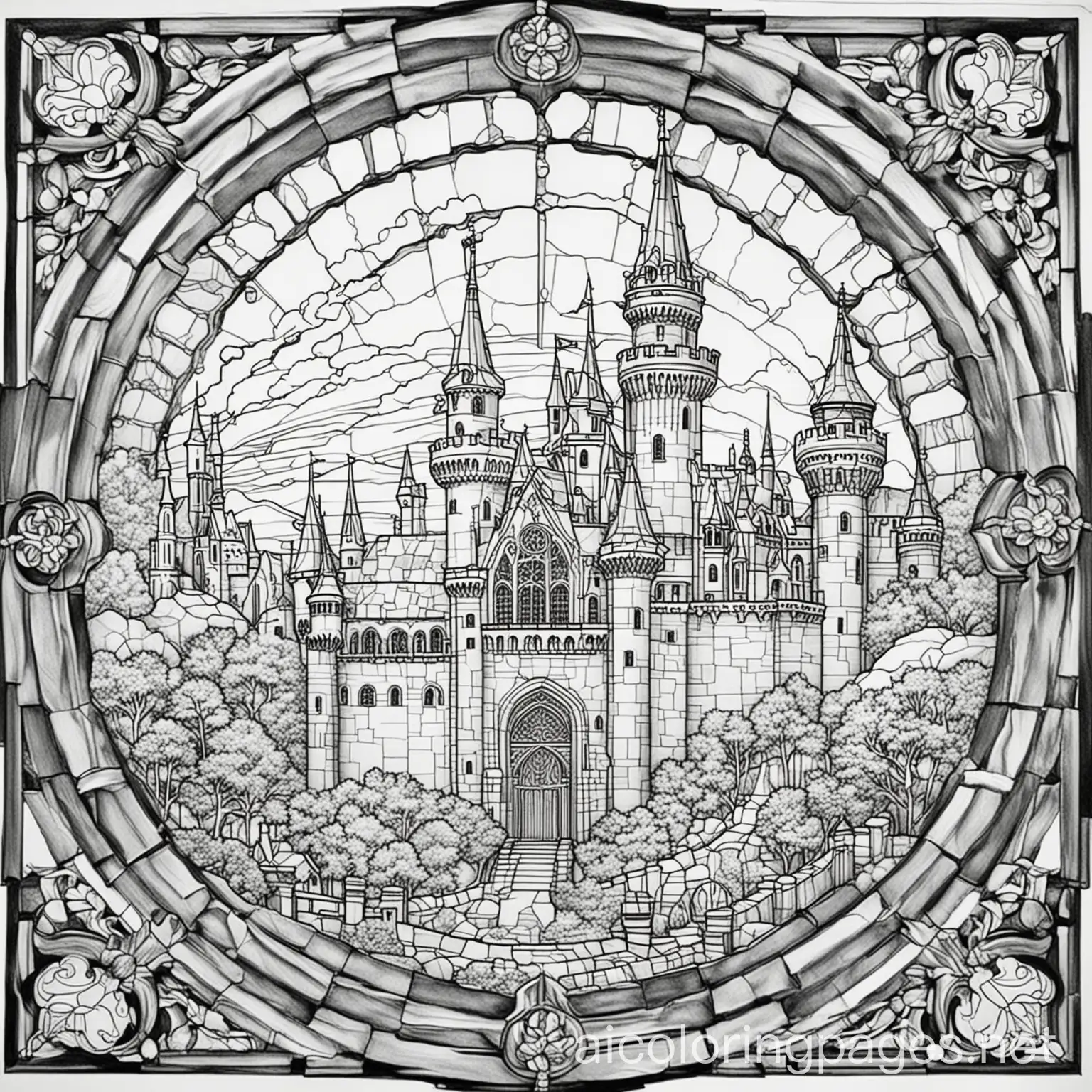 Coloring book page, of a stained glass art piece covering the entire ceiling of castle, Coloring Page, black and white, line art, white background, Simplicity, Ample White Space. The background of the coloring page is plain white to make it easy for young children to color within the lines. The outlines of all the subjects are easy to distinguish, making it simple for kids to color without too much difficulty