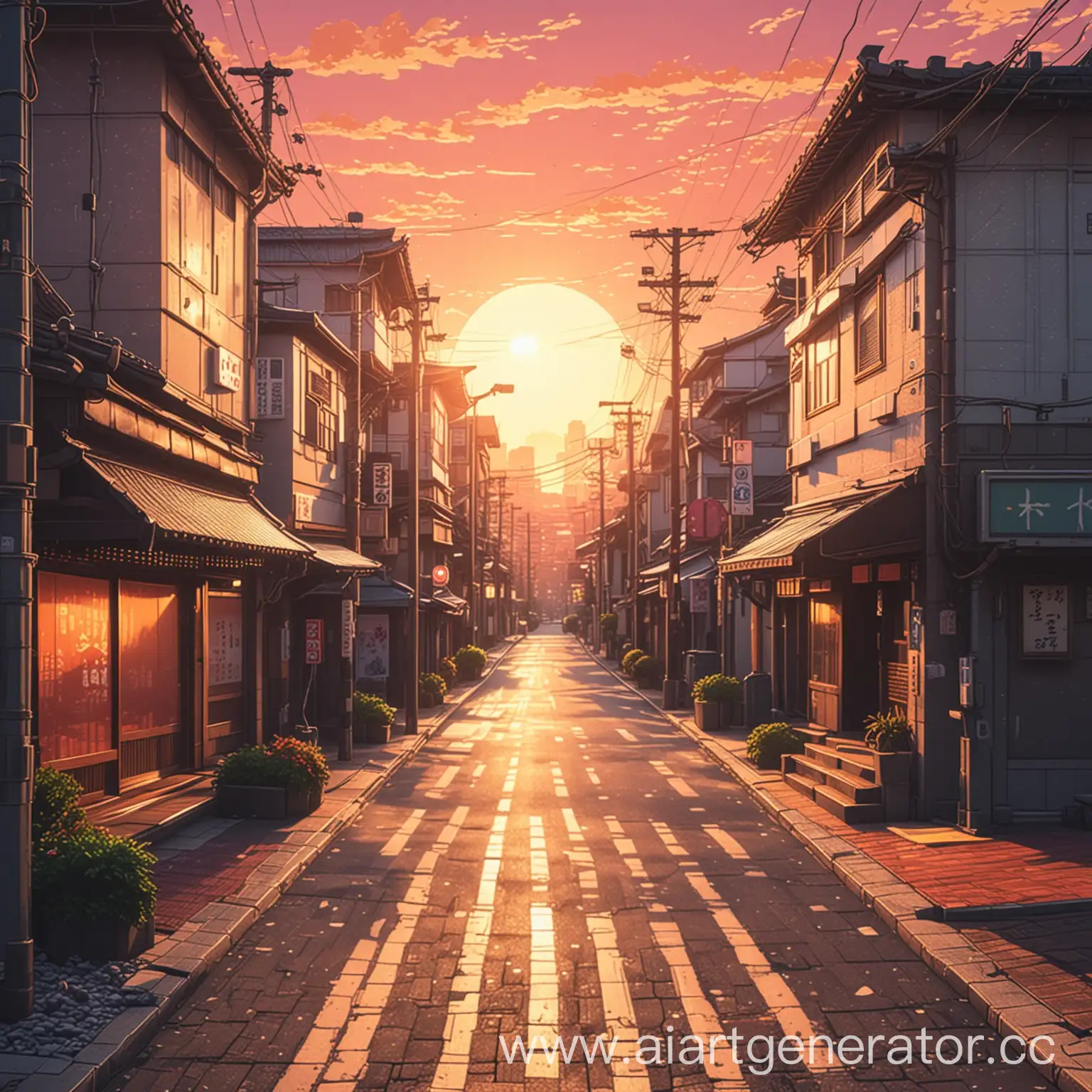 Pixel-Art-of-Japanese-City-Street-at-Sunset-with-Radiant-Rays