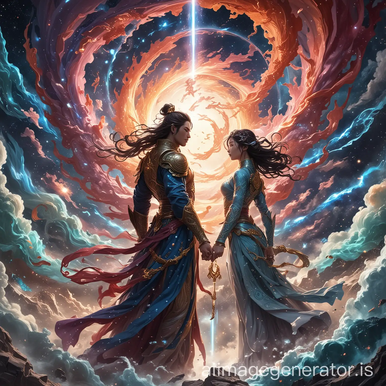 The cover for "Astral Redemption" blends Chinese/Korean comic style with cosmic grandeur, focusing on Astra. The Aquarius Queen and Ophiuchus King stand against a swirling vortex, symbolizing unity and celestial power. Colossal creatures clash in the foreground, representing the ongoing battle against darkness. Detailed artwork depicts Astra's mythical landscapes and celestial phenomena, drawing readers into its vibrant world. This captivating cover promises an epic tale of love, betrayal, and redemption amidst cosmic adversity.
