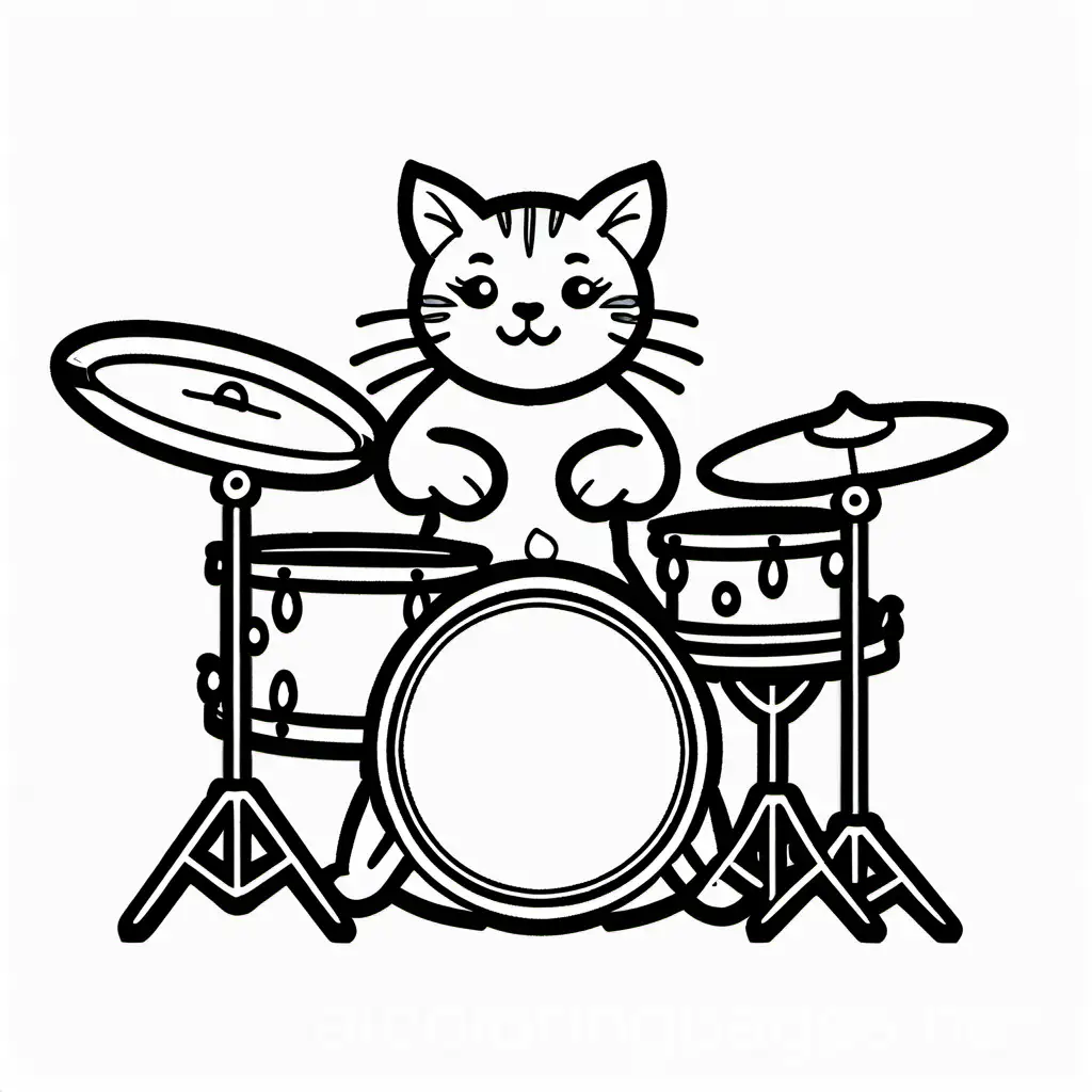 cat playing the drums, Coloring Page, black and white, line art, white background, Simplicity, Ample White Space. The background of the coloring page is plain white to make it easy for young children to color within the lines. The outlines of all the subjects are easy to distinguish, making it simple for kids to color without too much difficulty