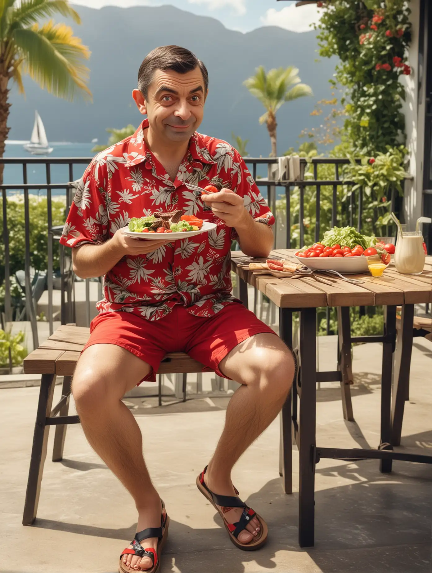 Mr bean, en chemisette hawaï, short rouge et sandalettes, il mange des cotelettes grillées et une salade, assis en terrasse, soleil, photographie, réaliste