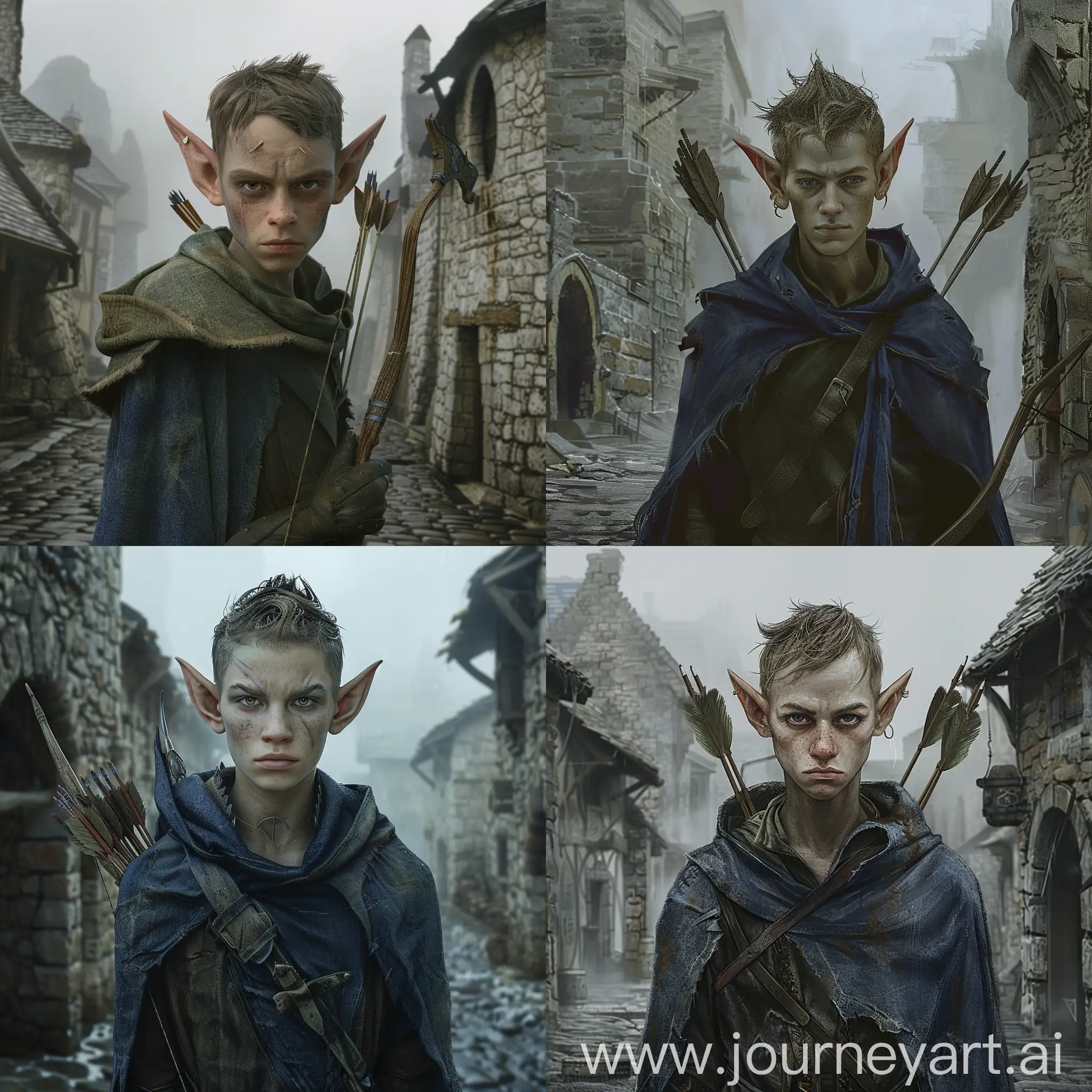 A young, handsome and thin elf with pointed ears, expressive cheekbones, thin cheeks and a pointed chin. He has a wary expression on his face. He is wearing a worn dark blue cloak with the hood pulled down, and he has a bow and a quiver of arrows on his back. It stands in the middle of a medieval stone town. It's foggy outside and the weather is cloudy. The elf is depicted in full height.